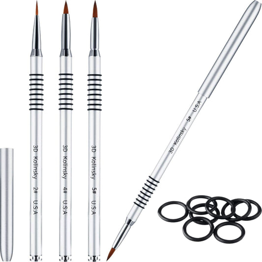 Patelai 3 Pcs Kolinsky 3D Nail Art Brush Set Size 2/4/5 Acrylic Nail Art Brush with Silver Metal Nonslip Grip Handle Polish Cleaning Manicure Tools for Women Acrylic Sculpture Application