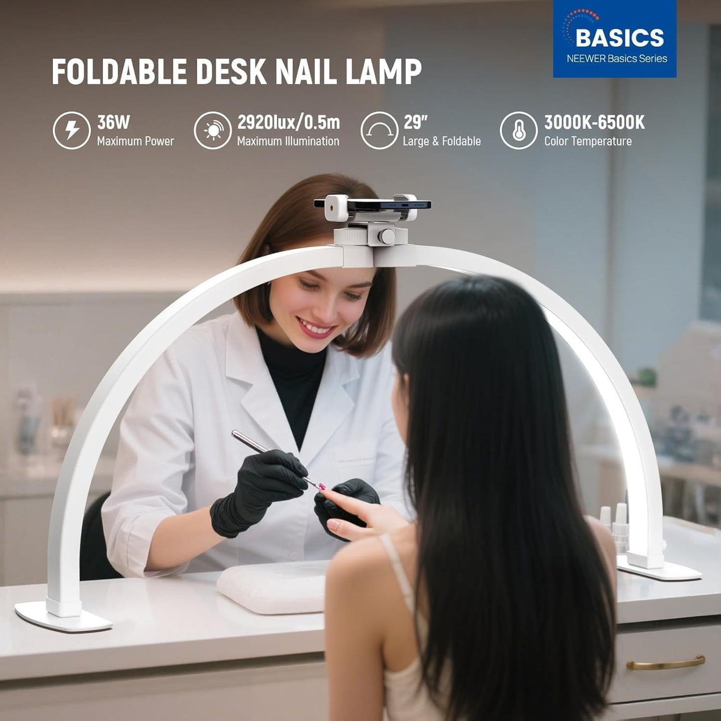 NEEWER Basics 29" Half Moon Nail Light for Desk, 36W Foldable Nail Tech Table Arc Lamp, LED Manicure Half Ring Light with Phone Holder for Makeup Beauty Tattoo Overhead Video Recording, HM02-D