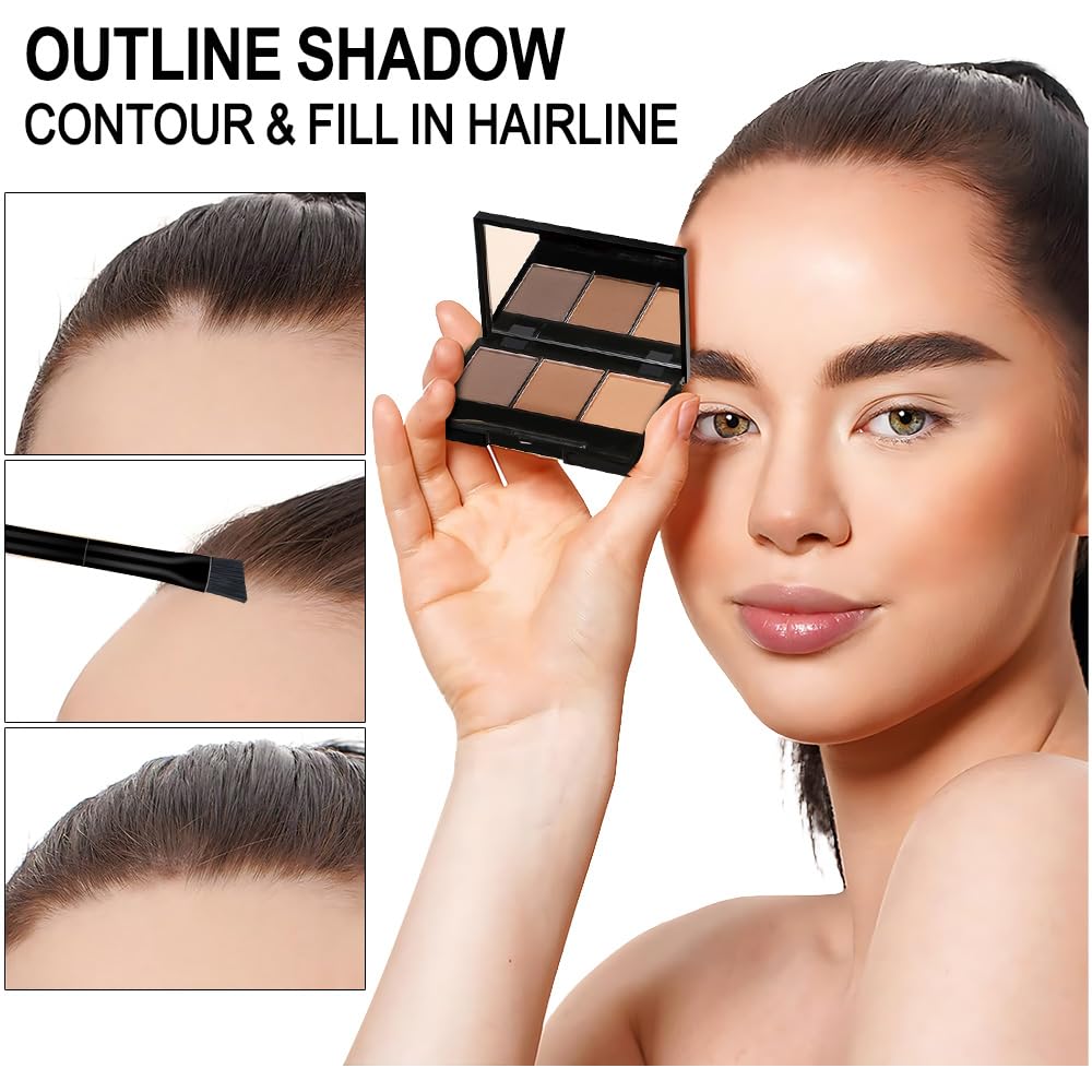 Brow Powder Kit – Long-Lasting 3-Color Brow Filler for Full, Defined Natural Brows, Contour Palette with Double-Ended Brush, sombra para cejas (01)