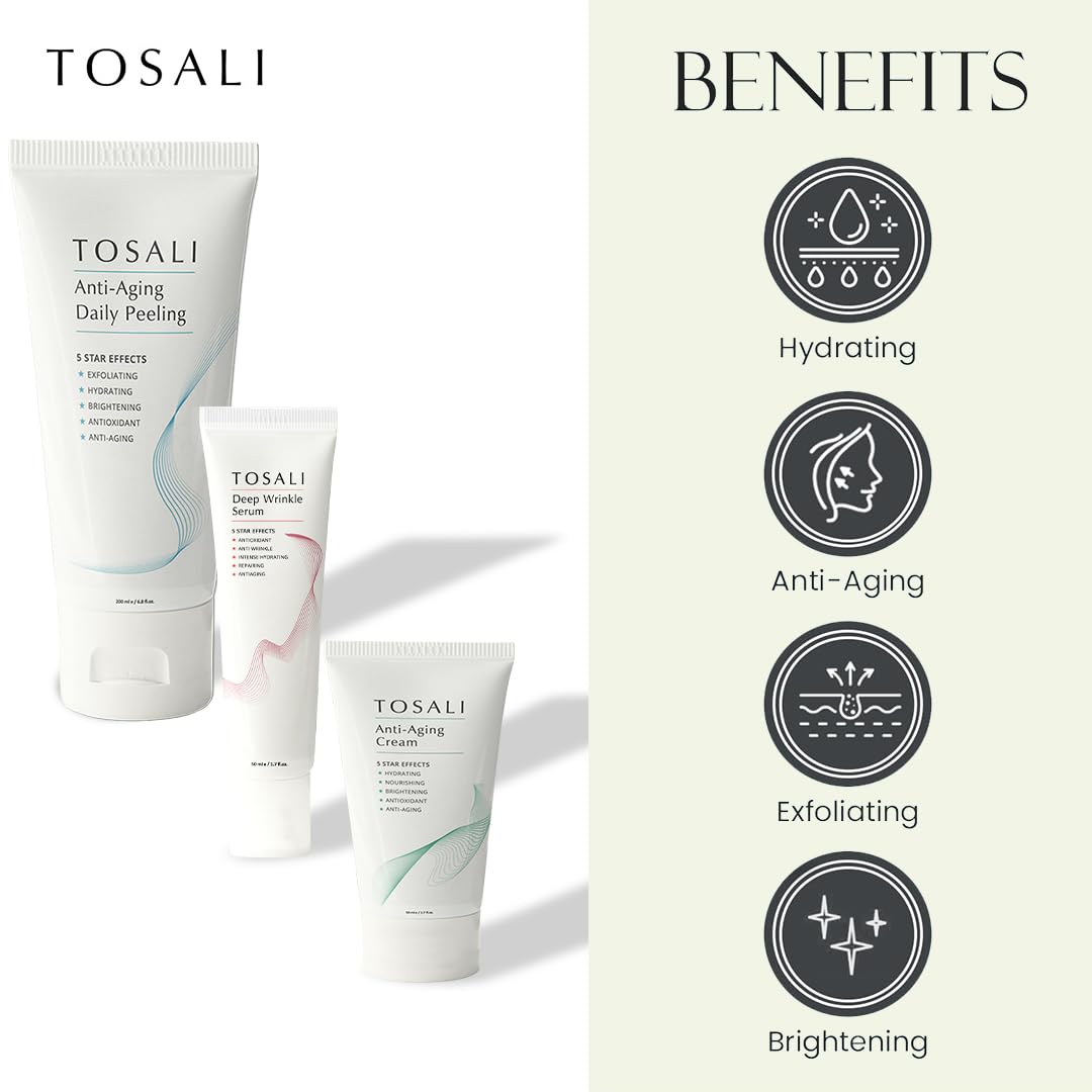 Anti Aging Skincare Set – Daily Peeling Mask (6.8 oz), Deep Wrinkle Serum (1.7 fl oz) & Face Cream (1.7 oz) – Hydrating, Brightening, Wrinkle Reduction & Skin Firming for All Skin Types
