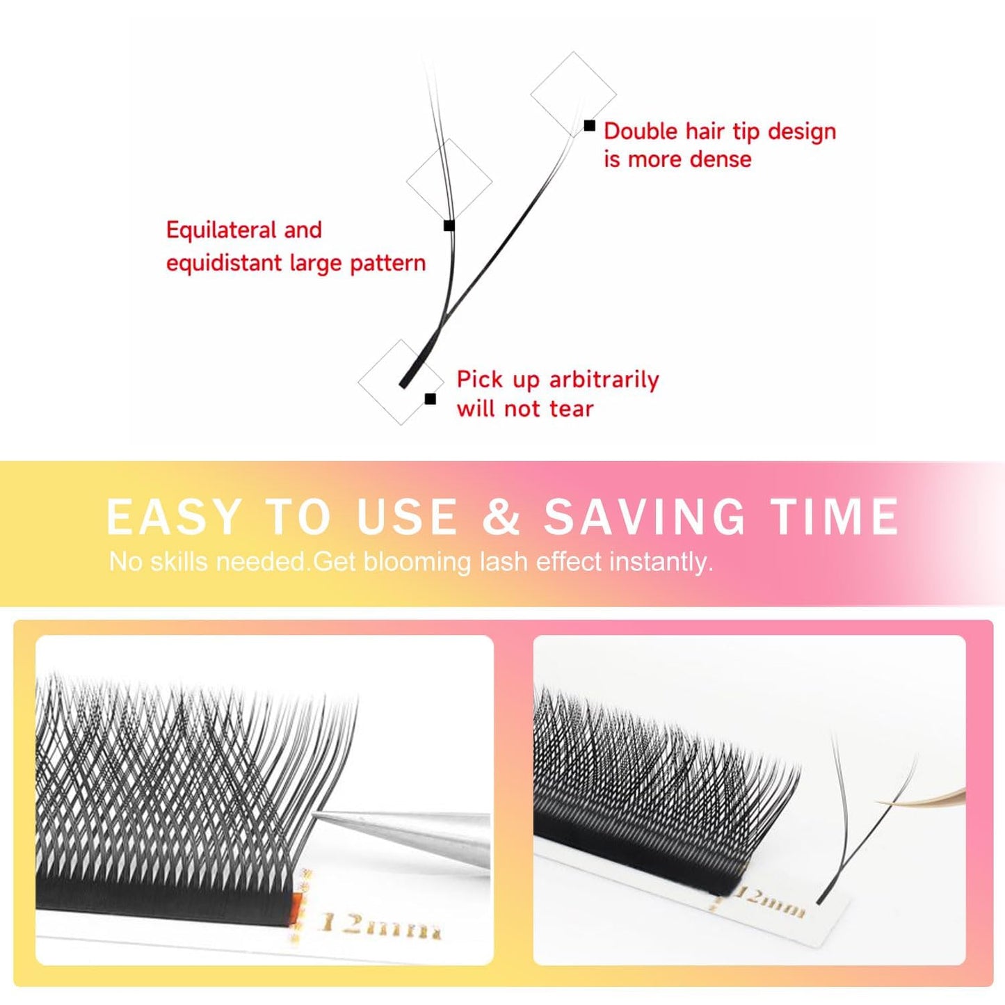 YY Lash Extensions Supplies Y Eyelash Extensions 0.07mm Thickness C Curl 9mm Premade Fans 4D Russian Volume Matte Black 12 Rows Crisscross Eye Lashes(YY-0.07-C,9mm)