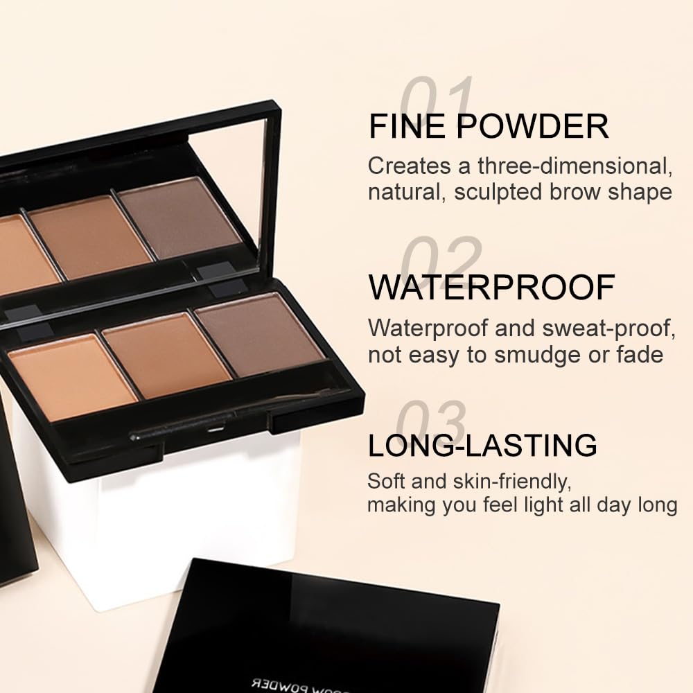 Brow Powder Kit – Long-Lasting 3-Color Brow Filler for Full, Defined Natural Brows, Contour Palette with Double-Ended Brush, sombra para cejas (03)
