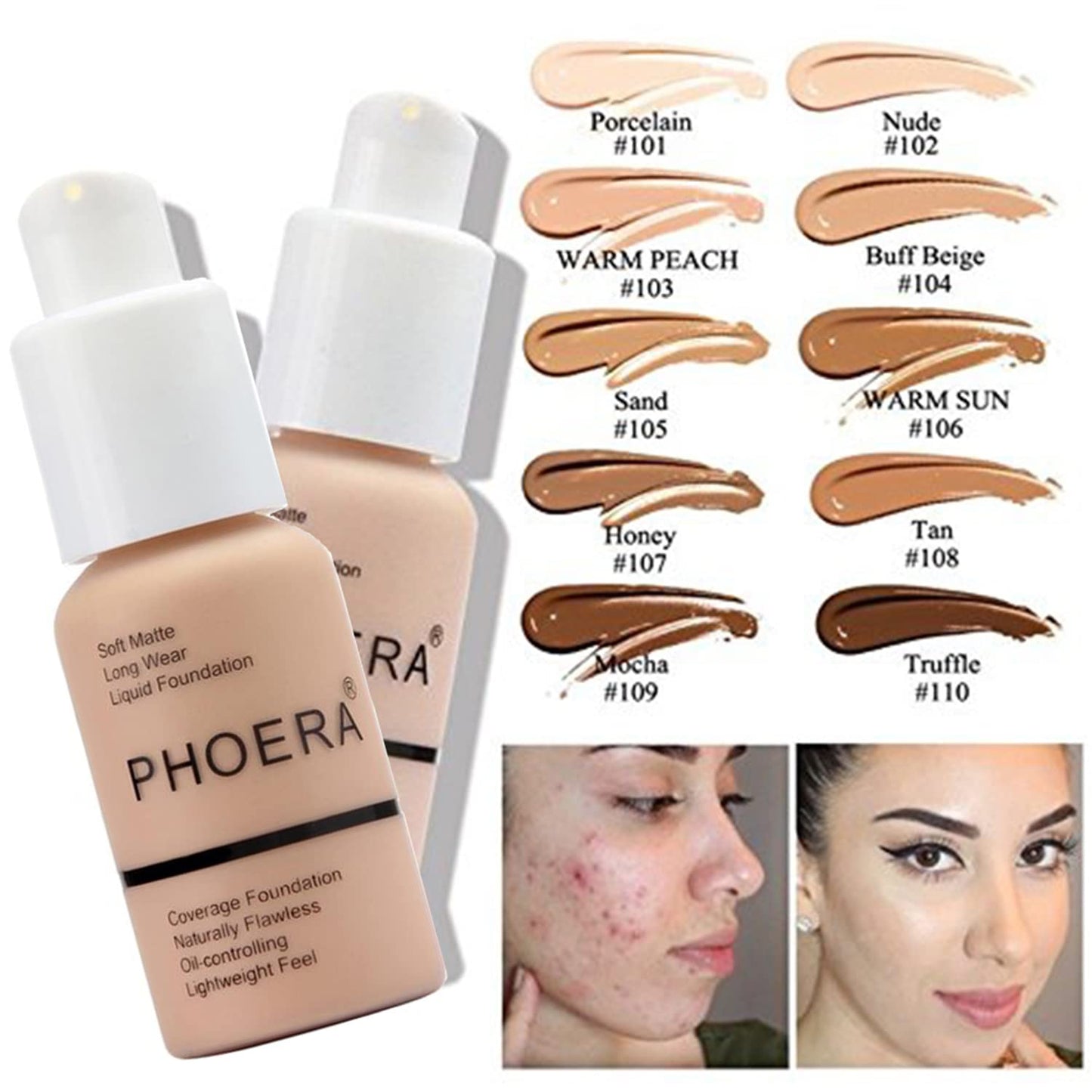 PHOERA Foundation Full Coverage,PHOERA Concealer Lightweight Full Coverage,PHOERA Makeup Long Lasting Wrinkles Matte Natural Finish for a Flawless Complexion(101 Porcelain+101#LIGHT)