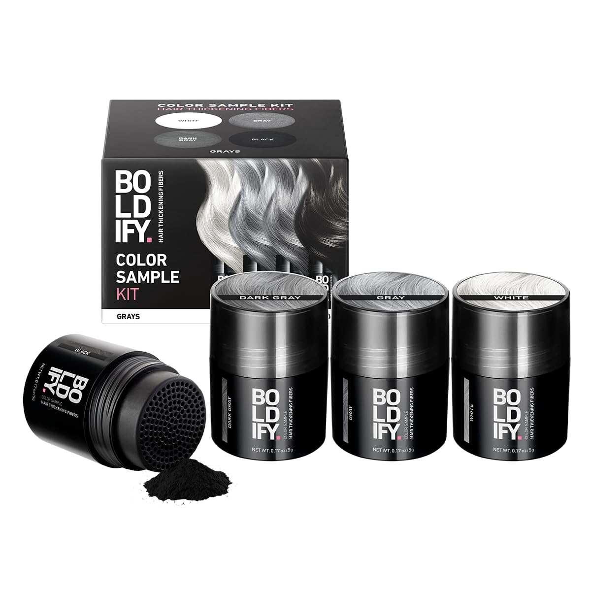 Boldify Hair Fibers Color Sample Kit - Fill In Thinning and Fine Hair for an Instantly Fuller, Thicker Look - 14 Shades for Women & Men - Grays