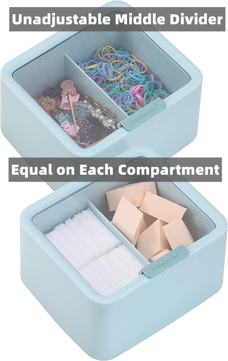 Tecbeauty Large Qtips Holder - 2 Grid Cotton Swab Dispenser, Bathroom Organizer with Cotton Balls, Pads Storage Canisters, Hinged Lids, Blue