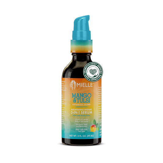 Mielle Organics Mango & Tulsi Nourishing 3-in-1 Hair Serum - Hair & Scalp Serum for Frizz Control, Split Ends & Moisture Balance - Strengthens & Seals Cuticles with Nutrients (12 Fl Oz)