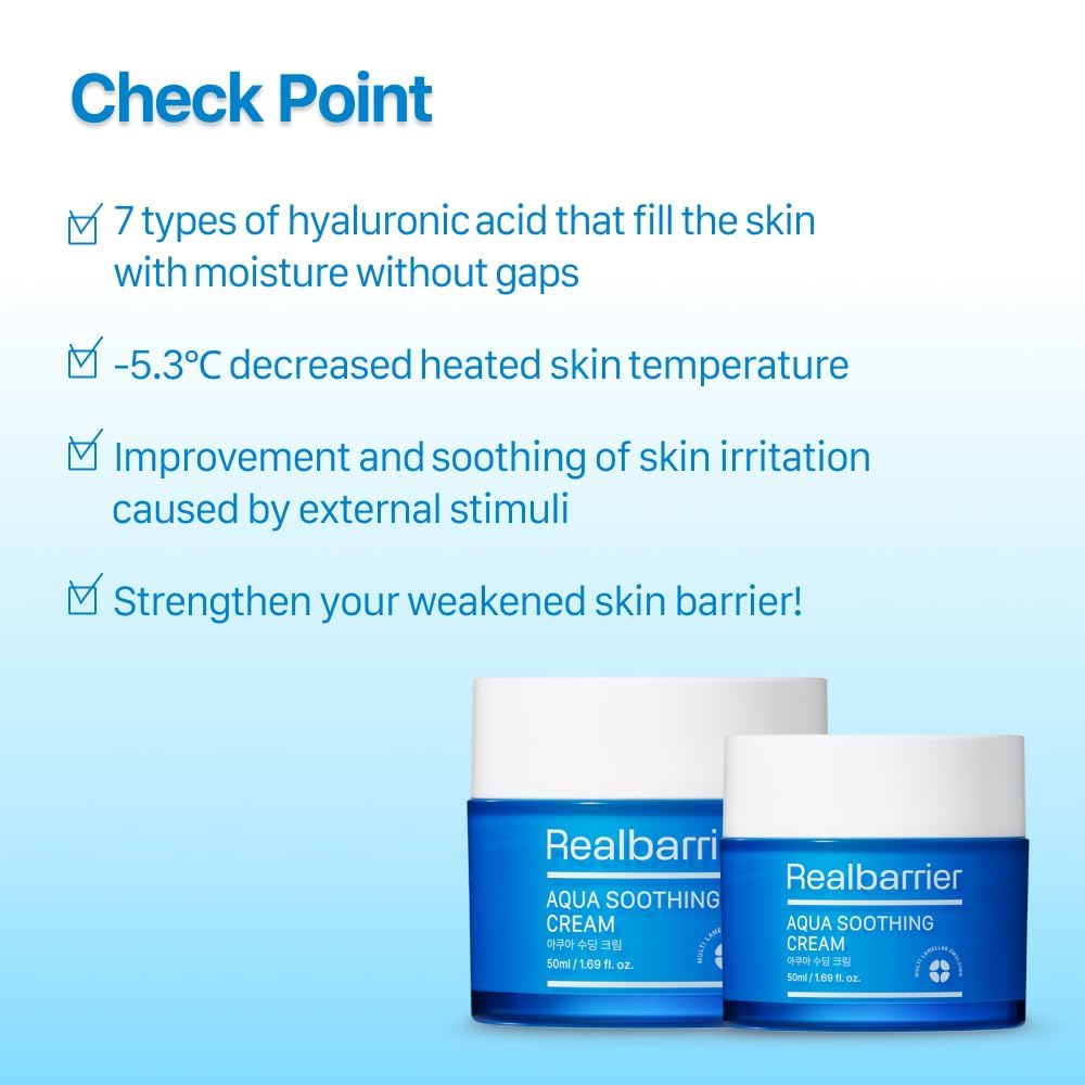 Real Barrier Aqua Soothing Cream 1.7 Fl.Oz. 50ml Hyaluronic Acid Facial Cream| Redness Relief Face Cream for Sensitive Skin | Face Moisturizer for Dry Skin| Calming Chamomile Extract| Korean Skincare
