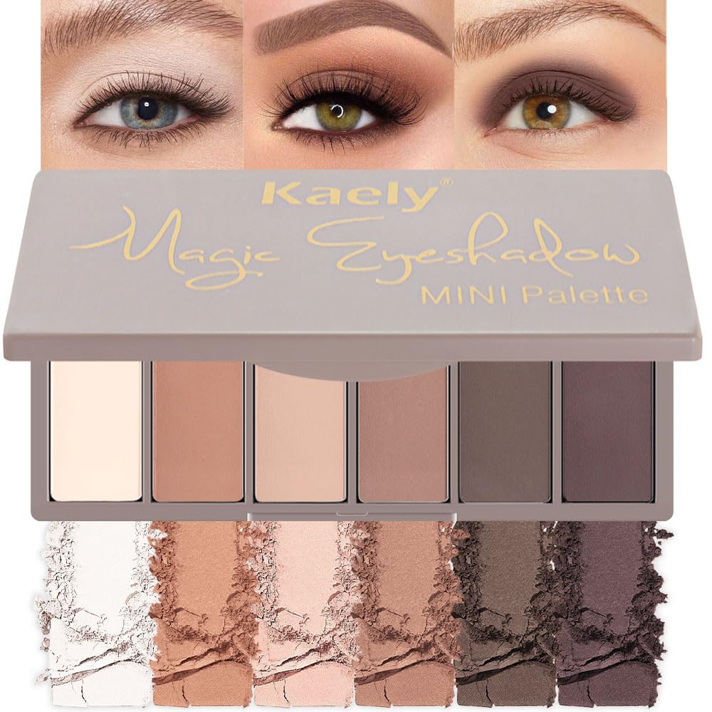 evpct 6 Colors Light Ivory Nude Brown Eyeshadow Palette, Stone Putty Taupe Black Cherry Dark Mauve Natural Matte High Pigment Mini Travel Eye Shadow Palette Makeup for Older Women, Built in Mirror