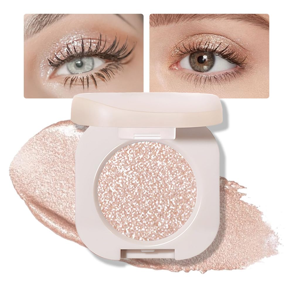 Pear White Shimmer Single Eyeshadow, Natural Warm Champagne Gold Glitter Eyeshadow Palette Makeup, Highly Pigmented Long Lasting Shimmer Shiny Pressed Powder for Women, Vegan & Cruelty-free 11