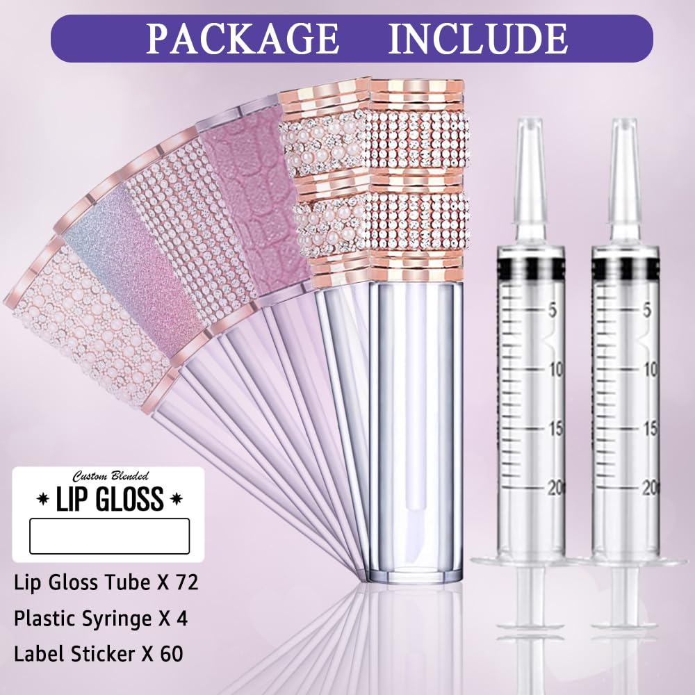 AMORIX 72pcs 5ml Diamond Lip Gloss Tubes With Wand - Empty Rhinestone Containers, Crystal Bottles, Supplies Kit - 4 Syringes + Labels for DIY Base