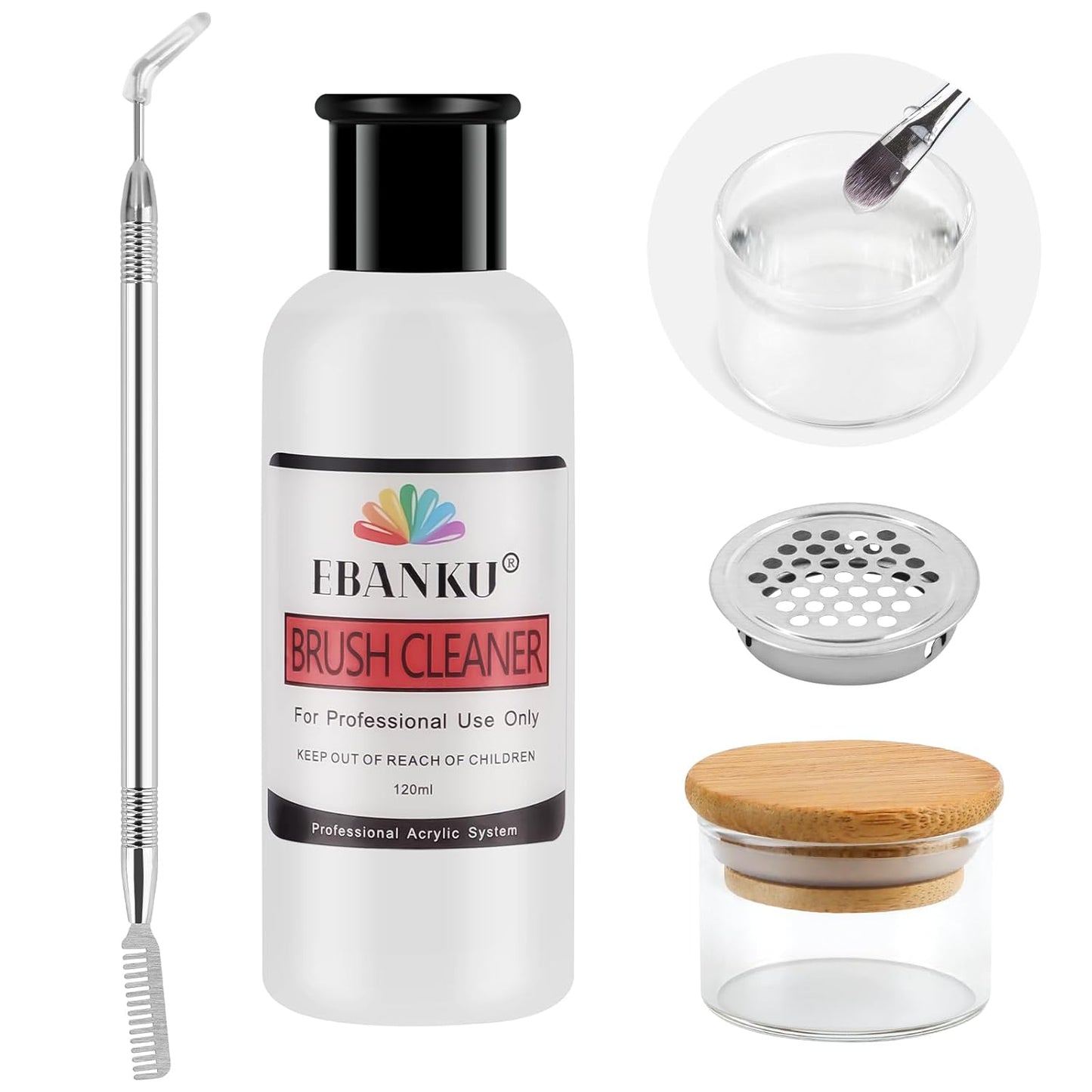 EBANKU 120ml Acrylic Nail Brush Cleaner, 3 in 1 Nail Art Brushes Conditioner Nail Brush Clean Solution Quickly Clean With Glass Cup and Scrub Brush for Solid Gel Polish/Nail Extension Gel