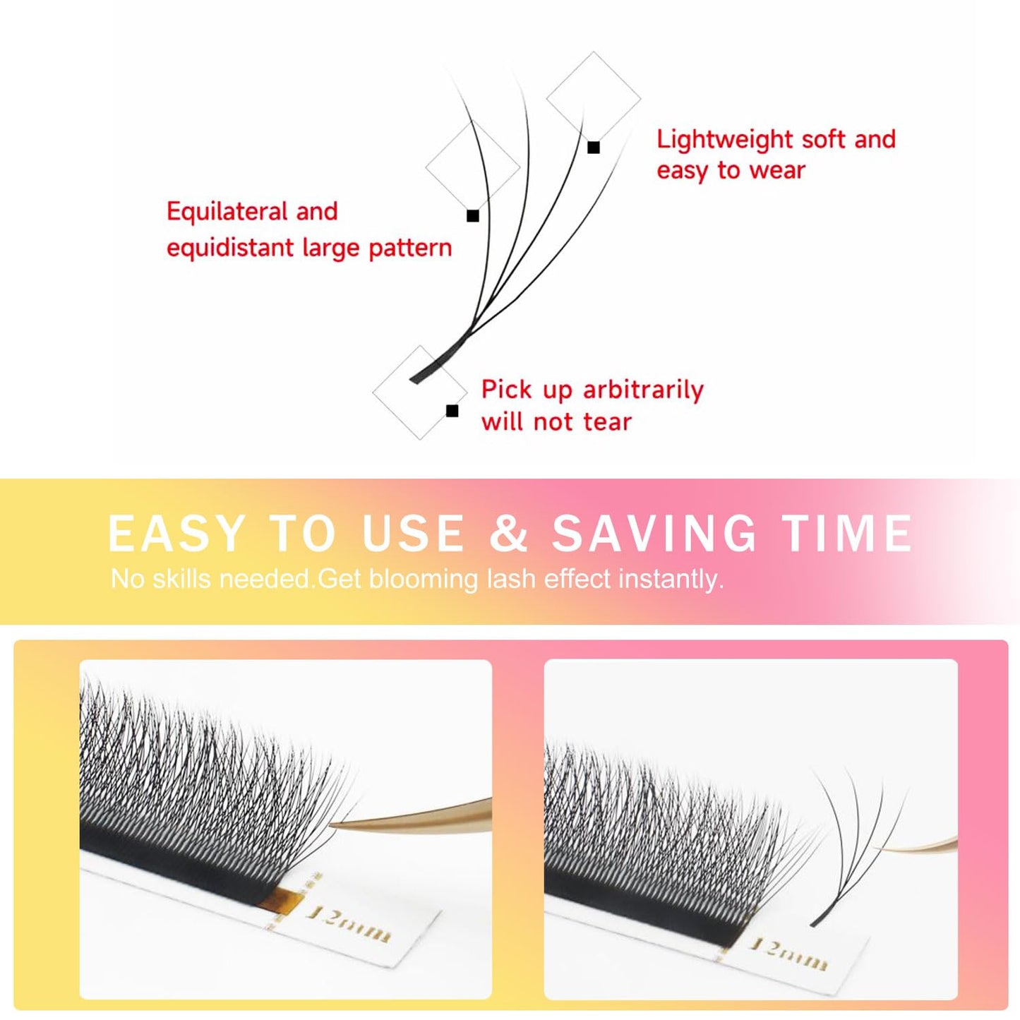 W Lash Extensions Supplies 4D Eyelash Extensions W Shape 0.07mm Thickness D Curl 12mm Premade Fans Easy Fan Lashes Volume Matte Black 12 Rows Crisscross Eye Lashes(W-4D-0.07-D,12mm)
