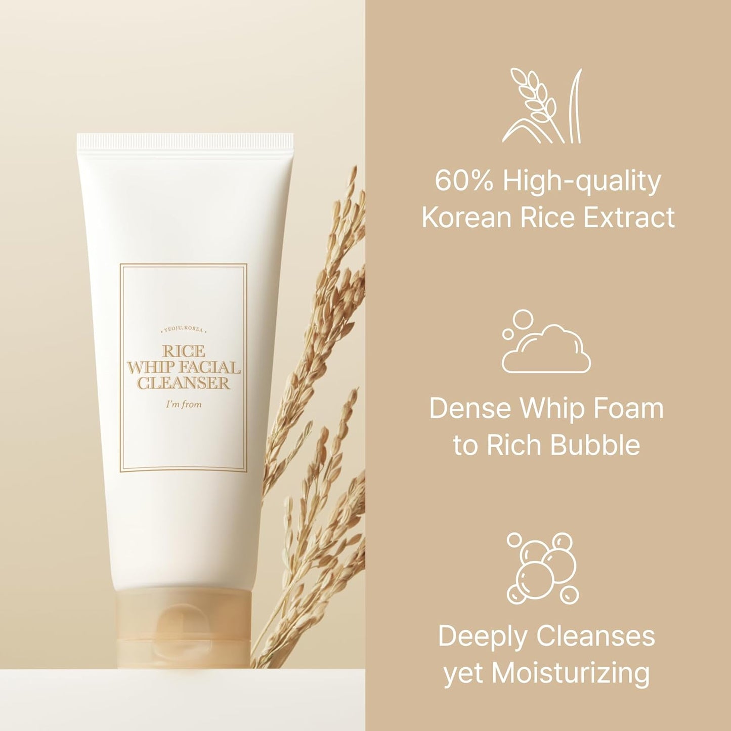 I'm from Rice Whip Facial Cleanser Set, 3 pcs Gift, Travel Kit with Rice Face Wash 5.07 fl oz & 1.01 fl oz & Rice Toner 1.01 fl oz, low-pH Rice Water Face Wash for sensitive, dry skin