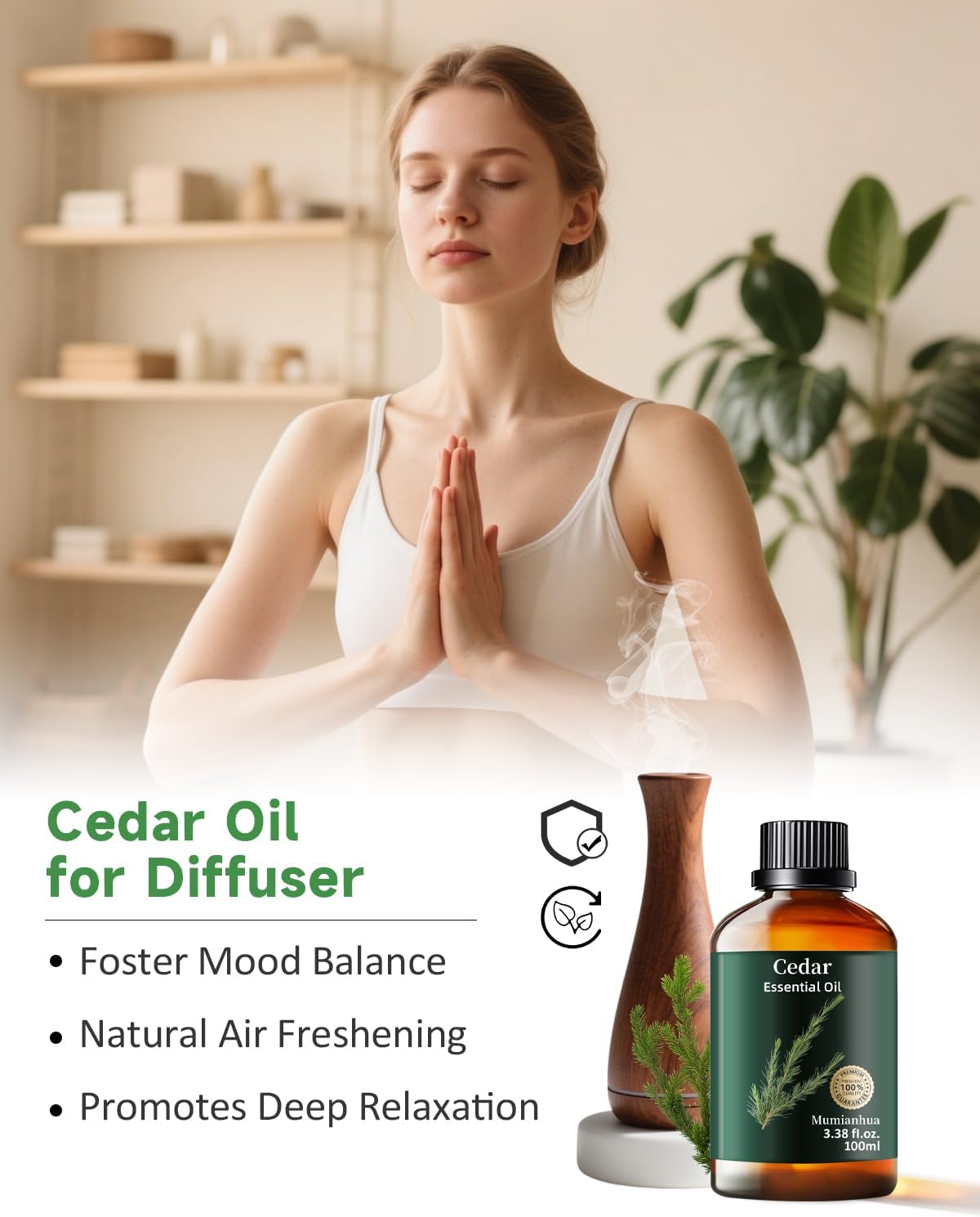 Cedarwood Essential Oil Pure, Mumianhua Natural Cedarwood Oil for Hair, Skin, Diffuser, Aromatherapy, Hair, Aromatherapy, Soap Making, 3.38 Fl Oz
