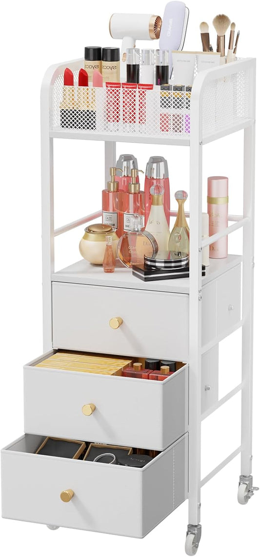 HapiRm Rolling Makeup Cart Organizer - Floor Skincare Make Up Storage with 3 Drawers, Vanity Organizer Cosmetic Display Cases Holder for Skin Care Perfume Nail Polish Brush Hair Tool, White