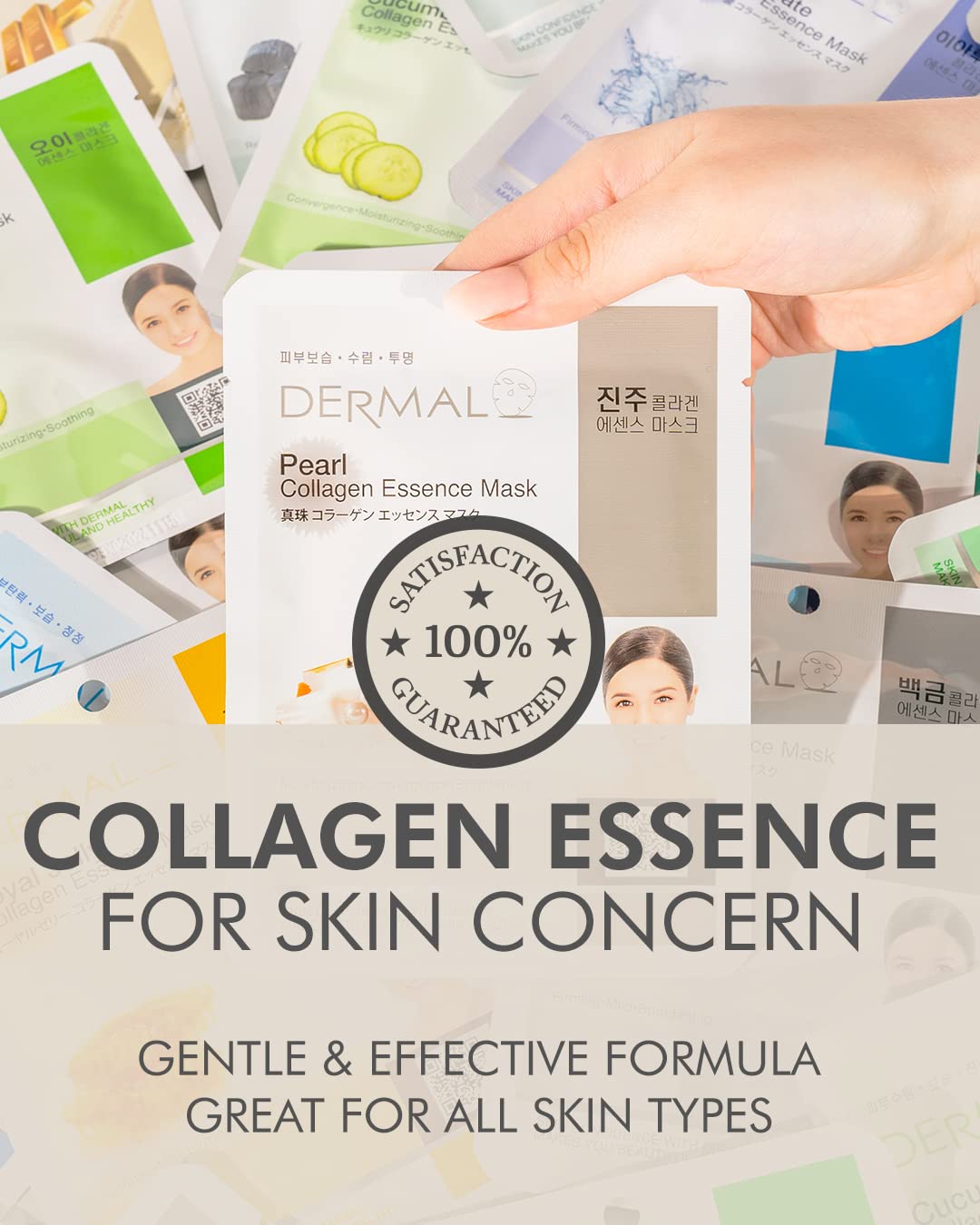 DERMAL Korean Collagen Face Mask – Hydrating & Soothing Sheet Mask with Panthenol – Hypoallergenic Calming Moisture Care for All Skin Types – 48 Combo Pack