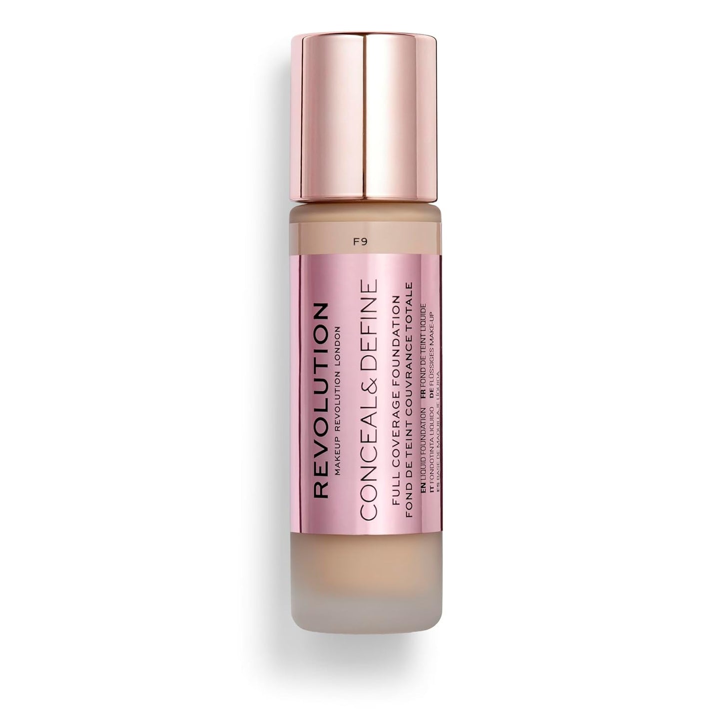Revolution Beauty, Conceal & Define Foundation, Full Coverage, Long-Lasting Matte Finish, Vegan & Cruelty Free, F9 Medium Skin Tones, 0.8 Fl.Oz.