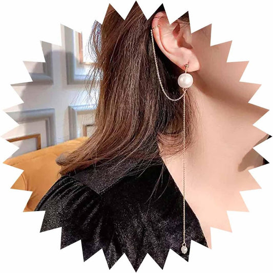 Vintage Long Pearl Drop Earrings Pearl Ear Cuff Chain Earrings Gold Long Tassel Pearl Earrings Pearl Wrap Crawler Earrings Jewelry for Women