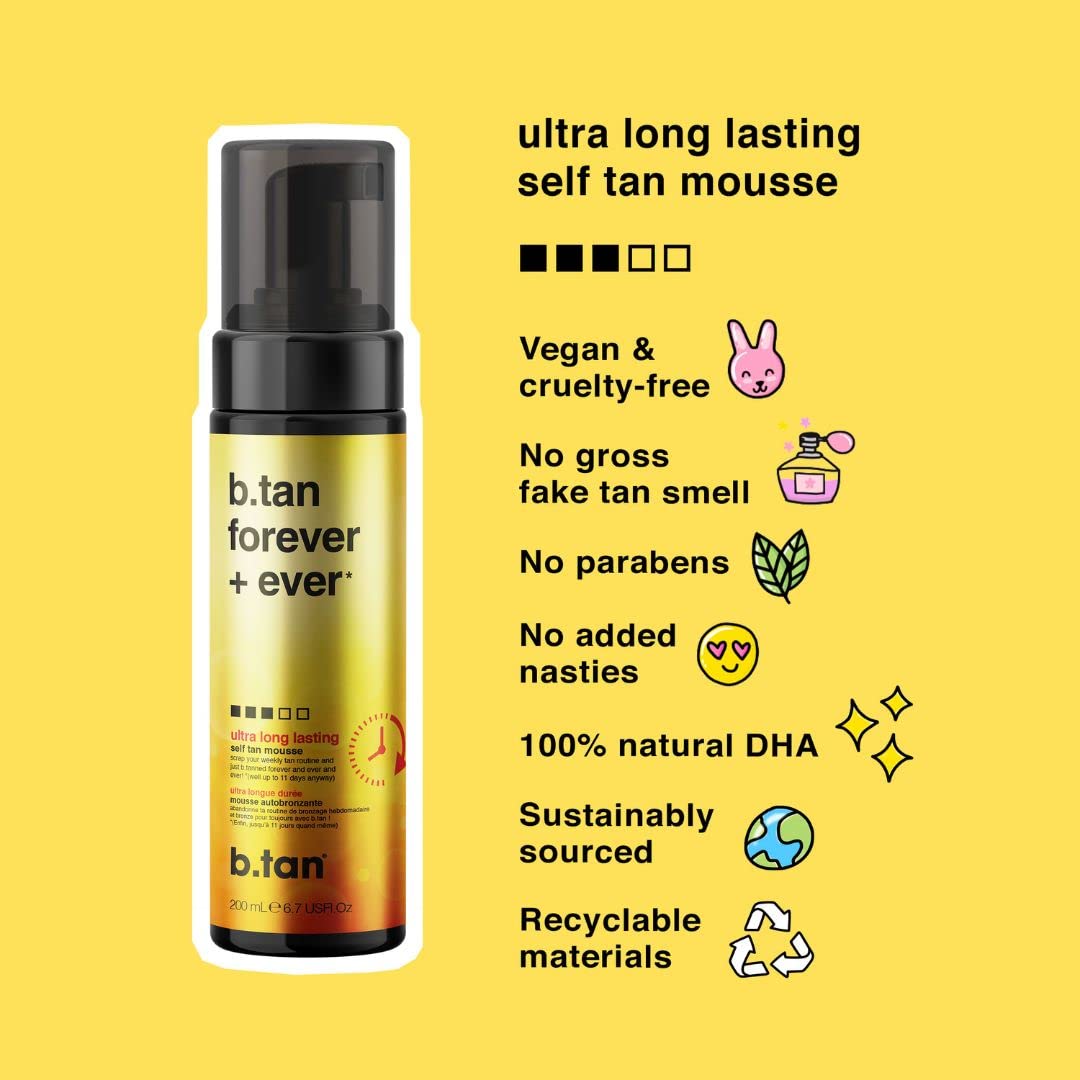 b.tan Ultra Long Lasting Self Tanner Mousse | Forever & Ever - Lasts Up to 11 Days, Fast, 1 Hour Express Sunless Tanning Foam, No Fake Tan Smell, Dark Bronze Glow, Vegan, Cruelty Free, 6.7 Fl Oz