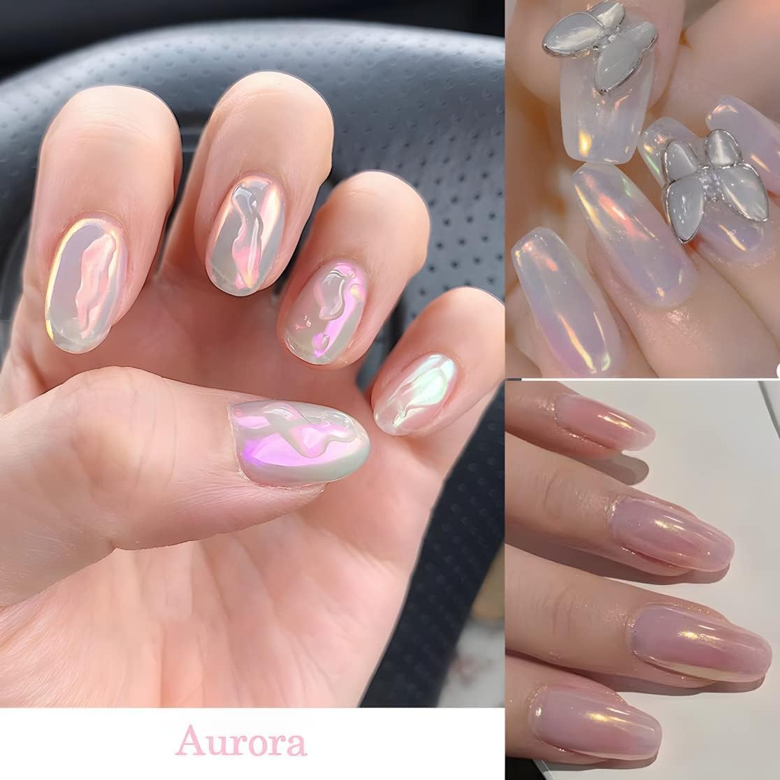 White Pearl Chrome Nail Powder: 7 Colors Iridescent Aurora Chrome Powder Pearl Mirror Effect Glitter Powder Pearlescent Ice Transparent Mermaid Pigment Dust for Nail Art Decoration