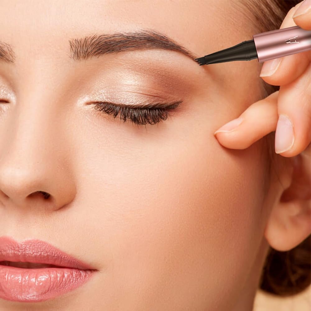 Microblading Eyebrow Pen, New 3D Microblading Eyebrow Pencil, Waterproof Eye Brow Pen with 4 Tip, Natural Magic Eyebrow Makeup Fine Stroke Contouring Pencil Long-Lasting Stay on All Day (Dark Brown)