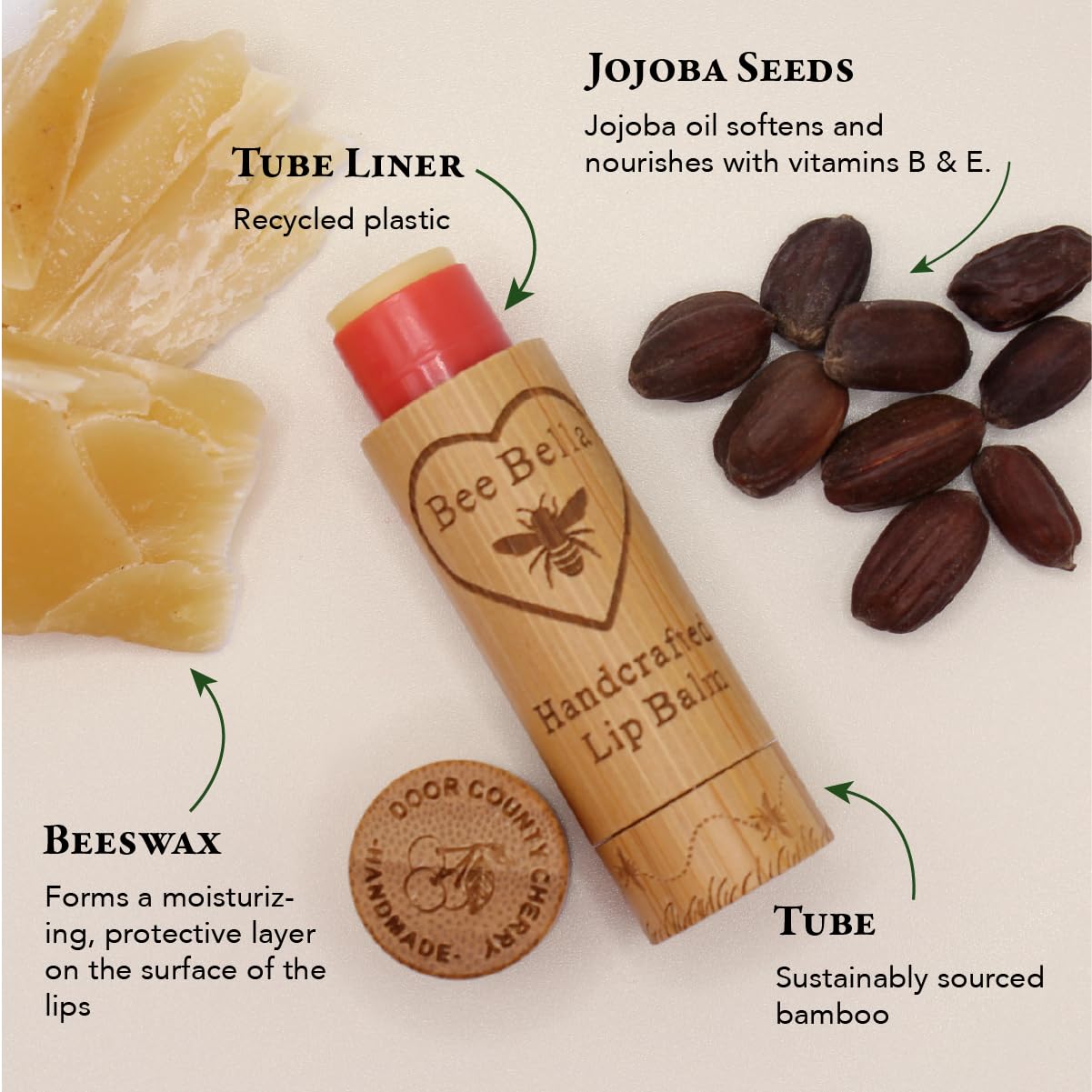Bee Bella Lip Balm, Cherry, 3 Pack - Moisturizing Lip Care, 100% Natural, Original Organic Beeswax with Vitamin E, Handmade in USA, Gift Item