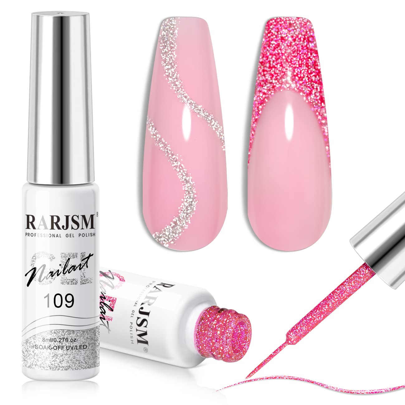 RARJSM Gel Liner Nail Art Reflective Glitter Gel Nail Polish Thin Brush Silver Neon Hot Pink Flash Diamond PaintedGel 2PCS Set Soak off Curing Requires 8ml for Home Salon Diy Nail Design Decoration