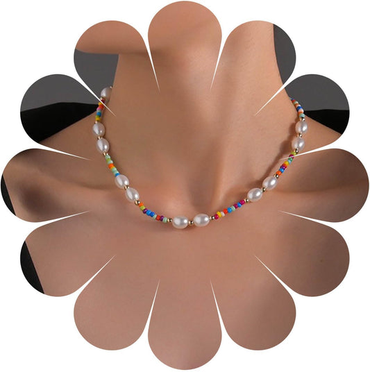 Boho Pearl Choker Necklace Vintage Blue Heishi Surfer Choker Imitation Pearl Necklace Chain Vinyl Seed Beads Necklace Summer Beach Bohemian Necklace Jewelry for Women and Girls