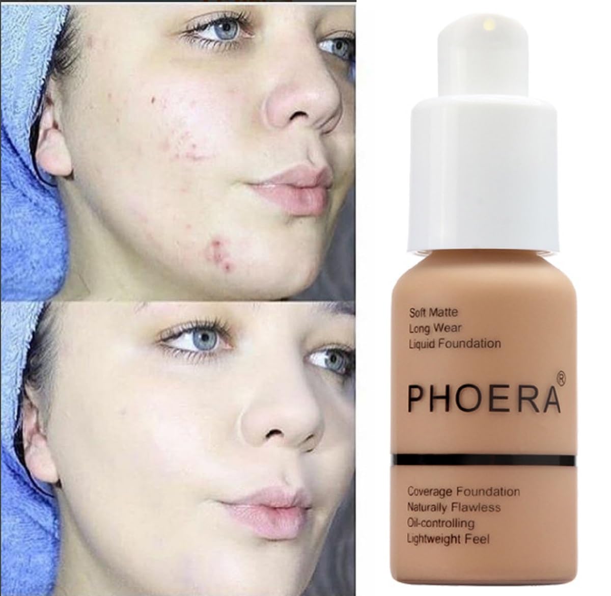 2 Pack PHOERA Foundation 101- Porcelain and102- Nude, Flawless Soft Matte Liquid Foundation 24 HR Oil Control Concealer Foundation Makeup