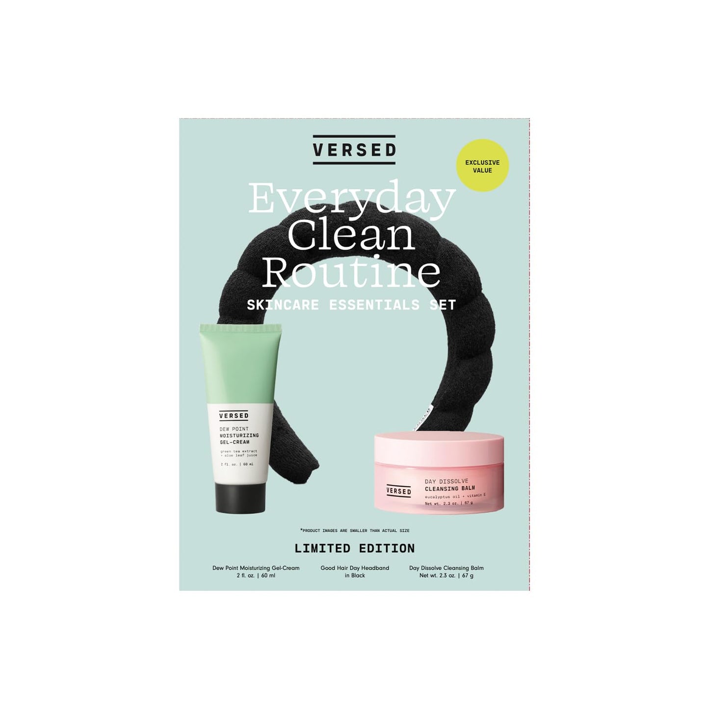 Versed Everyday Clean Routine Travel Essentials 3-Piece Skincare Set - Dew Point Gel Cream (2 fl oz), Good Hair Day Black Headband & Day Dissolve Cleansing Balm (2.3 oz) - Non-Toxic + Vegan