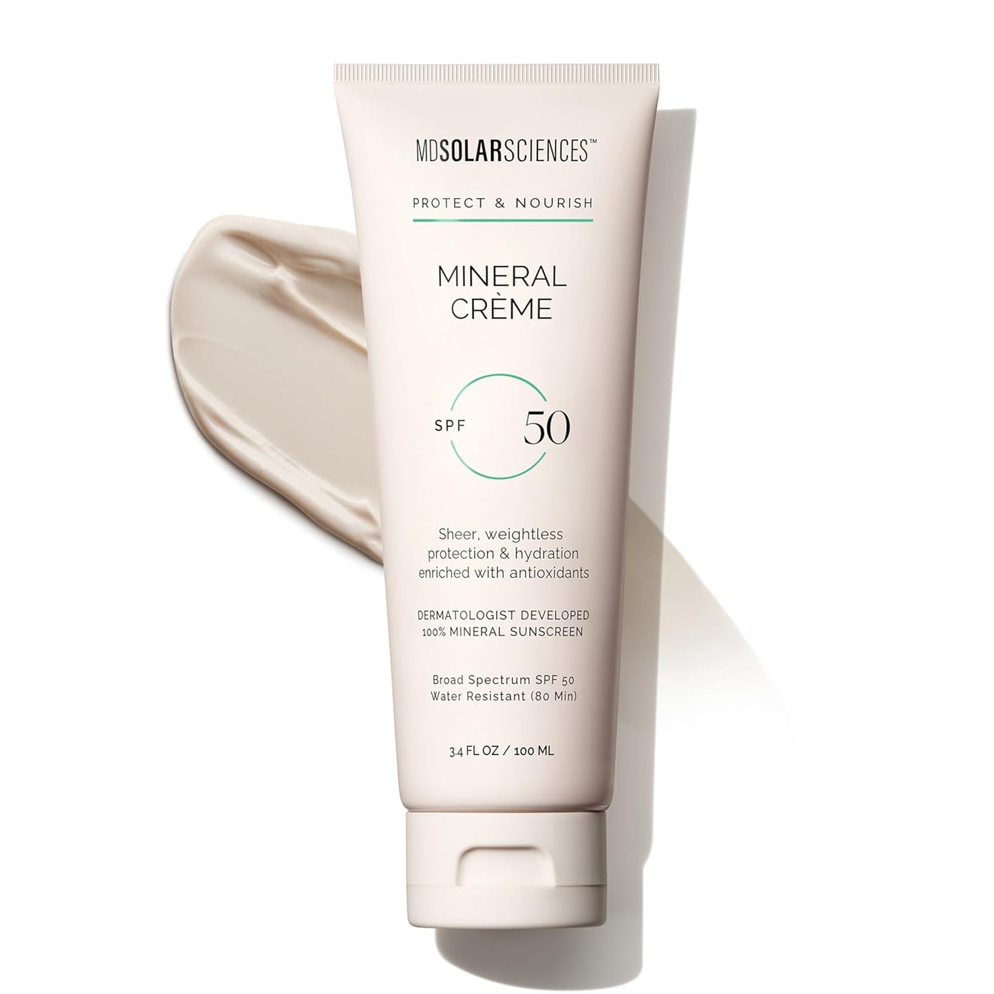 MDSolarSciences Mineral Crème Sunscreen SPF 50 | Water-Resistant, Broad Spectrum UV Protection | Zinc Oxide Formula with Antioxidants | No White Cast, Sheer Matte Finish for All Skin Types (3.4 Fl Oz)