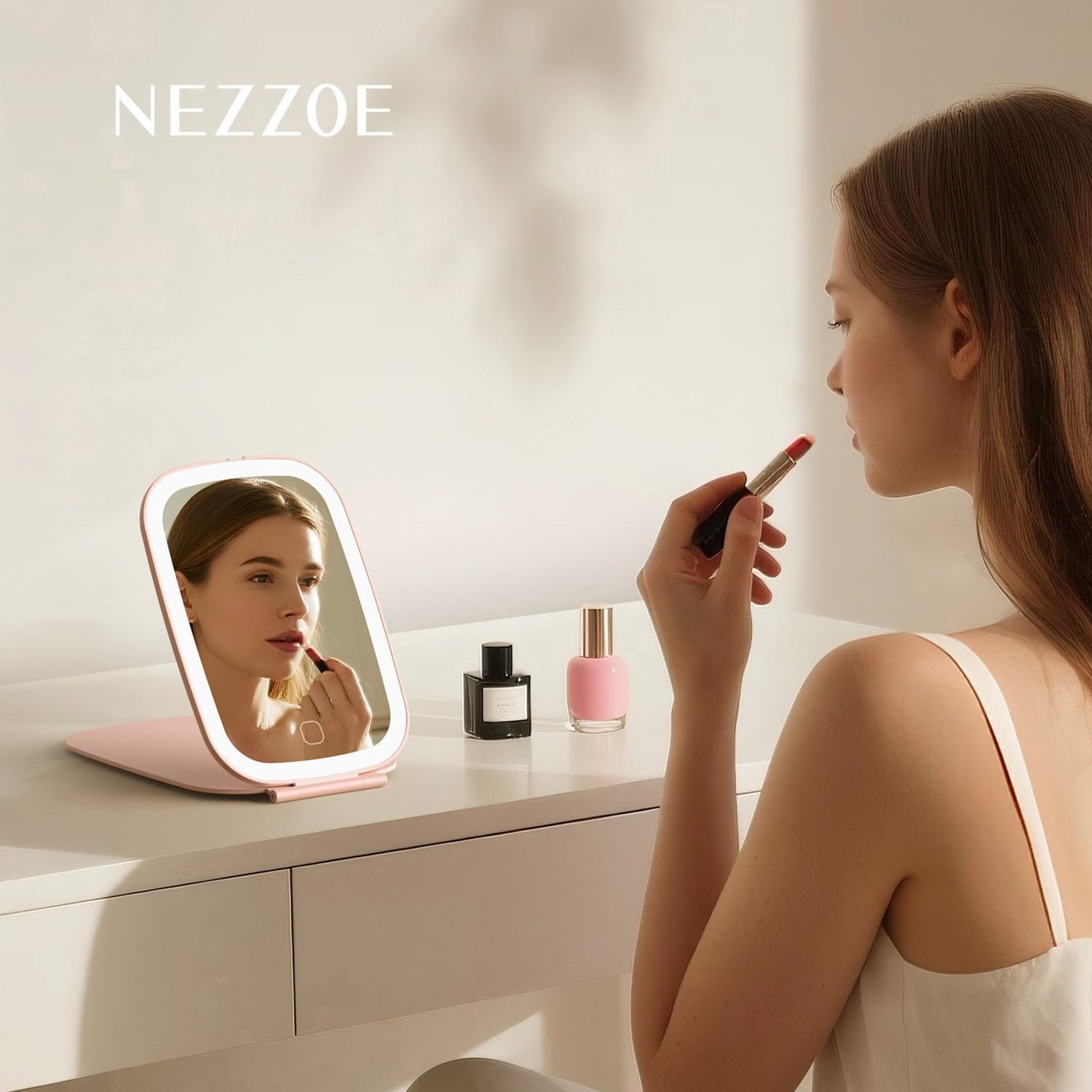 Travel Mirror with Light, Rechargeable Foldable Portable Mirror, 3 Color Lighting, 7.5 inch, Pink