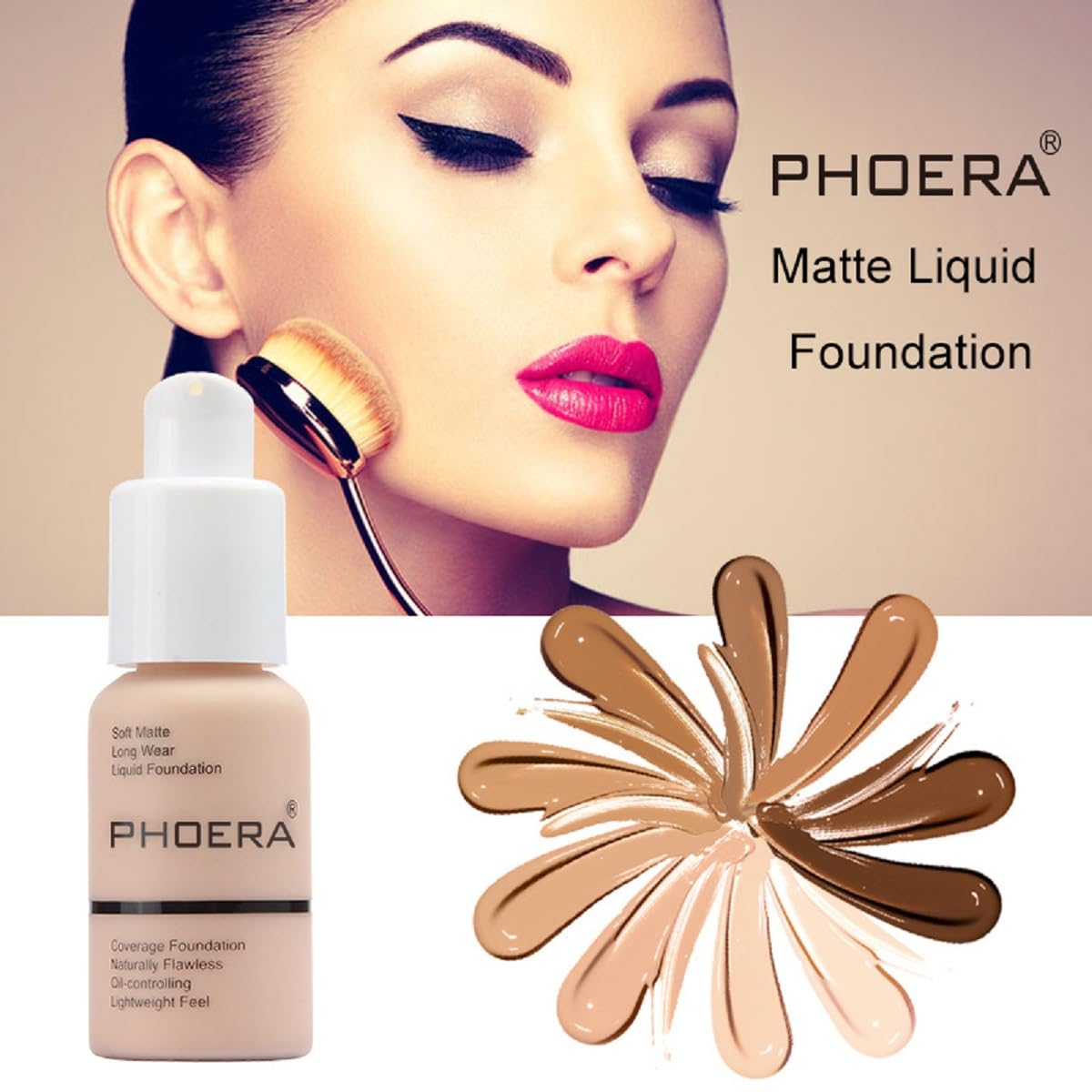 PHOERA Foundation, Flawless Soft Matte Liquid Foundation 24 HR Oil Control Concealer Foundation Makeup. (1 Pcs-106 -Warm Sun)