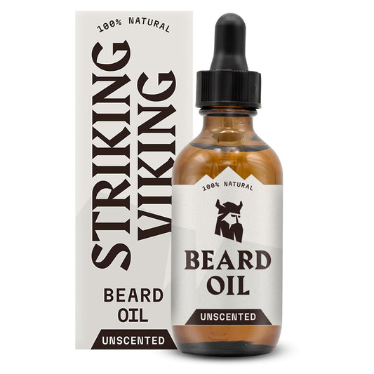 Striking Viking Unscented Beard Oil for Men - 2 Fl Oz, Fragrance-Free - Clear Beard & Mustache Conditioner with Jojoba & Argan Blend, Almond & Tea Tree Oils for Growth & Sensitive Skin