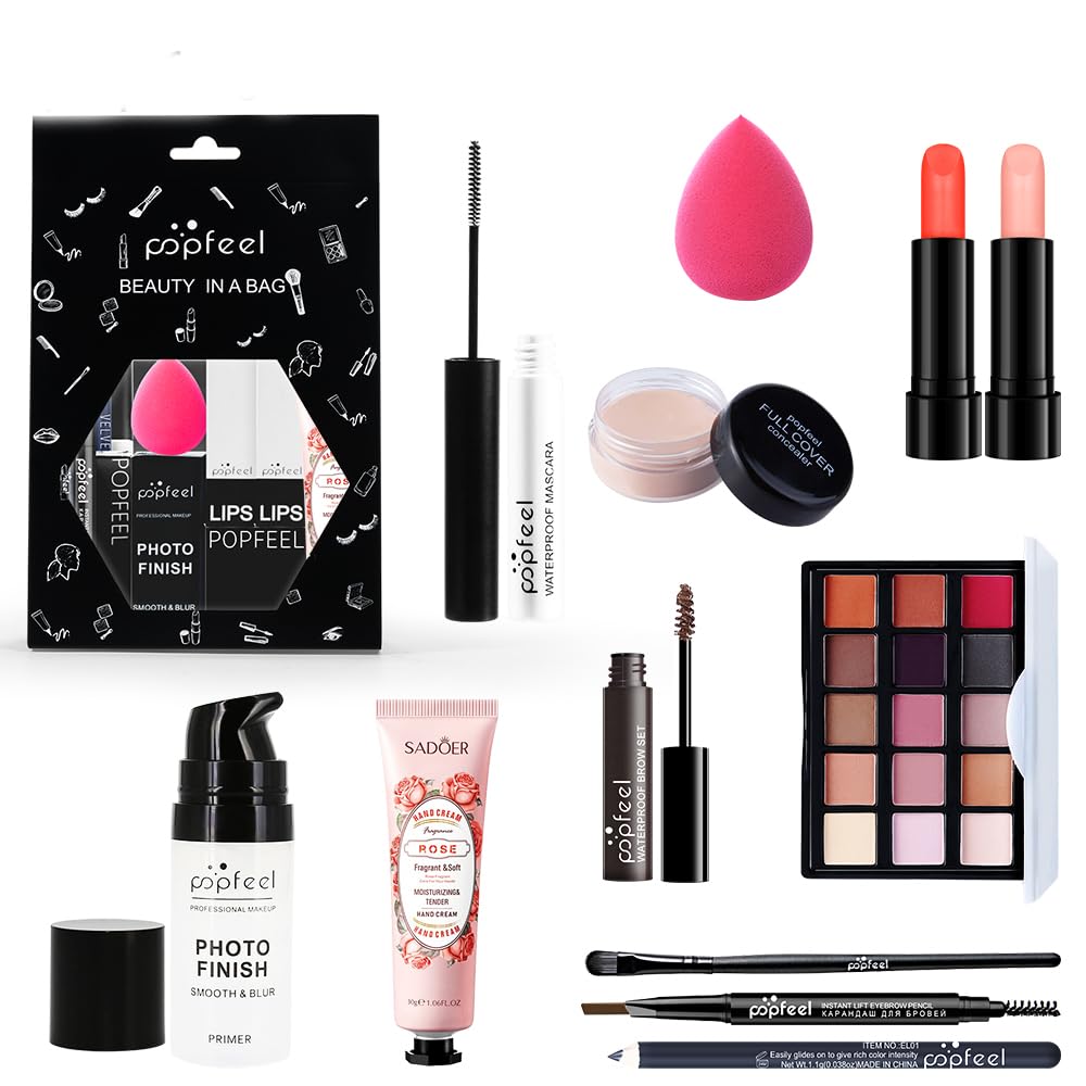 All in One Eyeshadow Palette Makeup Set, Makeup Kit with Primer, Mascara, Concealer Palette, Lip Stick, Brow Pen, Travel Makeup Bundle Holiday Surprising Makeup Gift Box for Women Girl