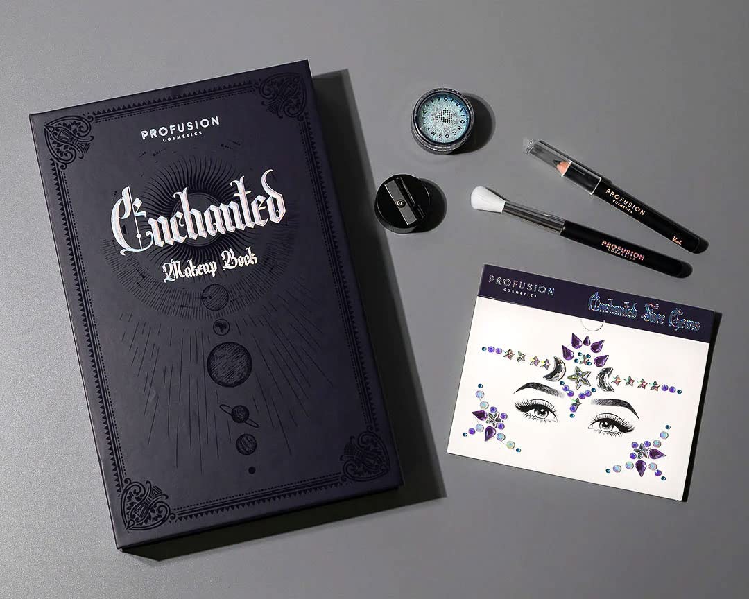 Profusion Cosmetics 5-pc Makeup Look Book, Long Lasting Eye Makeup for Women Eye Brightening Pressed Glitter with Eyeshadow Brush and Black Eyeliner, Easy To Clean and Convenient Makeup Sharpener