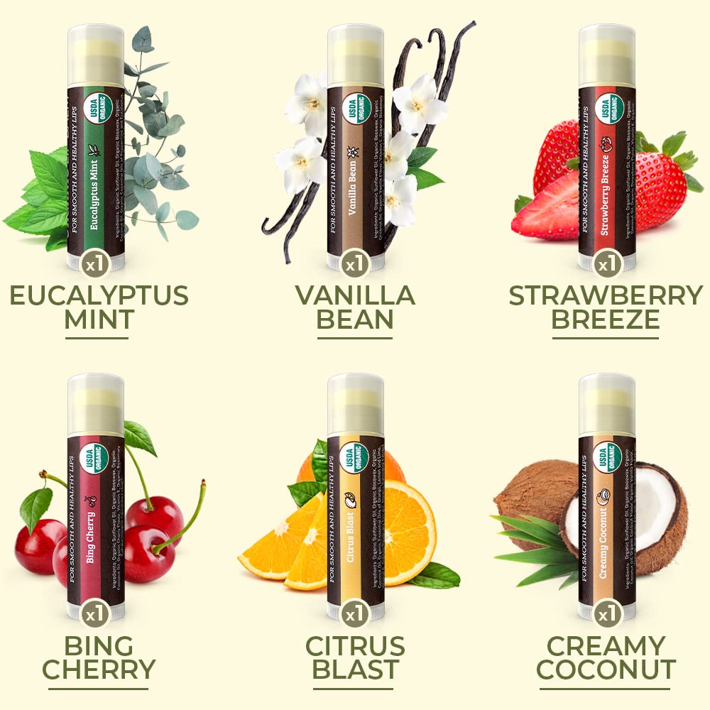 Earth's Daughter USDA Organic Lip Balm 6-Pack - Fruit Flavors, Beeswax, Coconut Oil, Vitamin E - Best Lip Repair Chapstick for Dry Cracked Lips - Moisturizing Lip Care