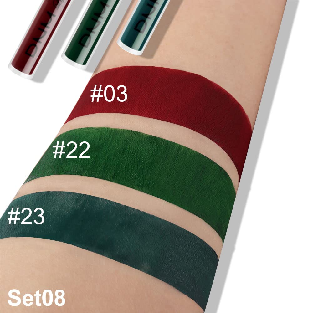 evpct 3Pcs Dark Color Colored Red Emerald Green Matte Liquid Lipstick Make up Set 24 Hour Long Lasting Waterproof Smudge Proof Deep red Green Liquid Lipstick Matte Lip Stain Gloss Liner Kit 8