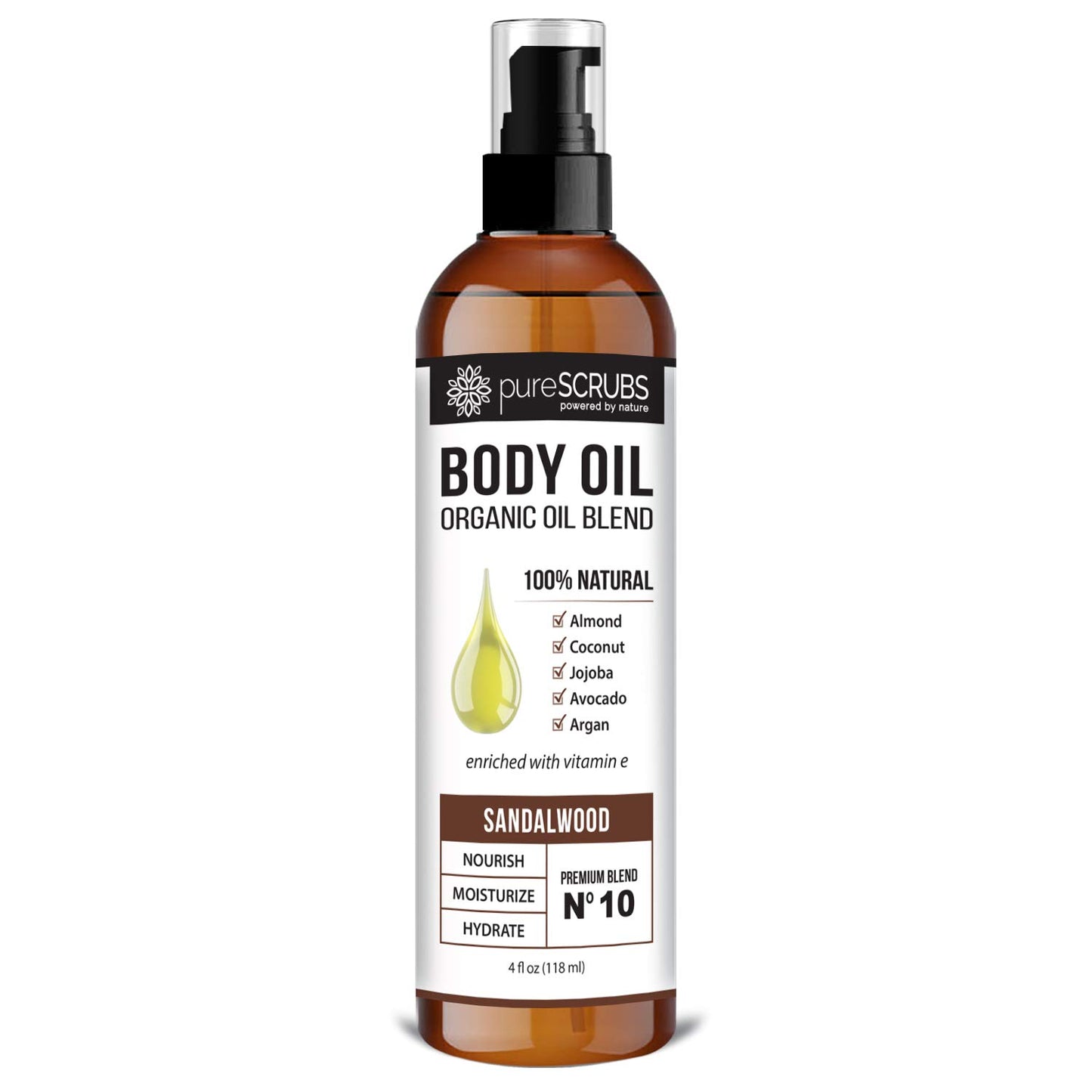 pureSCRUBS Ultra Moisturizing Sandalwood Body Oil Spray For Dry Skin, Massage, Cuticles & More, Organic Blend of Jojoba, Argan, Coconut, Sweet Almond & Avocado Oils Enriched with Vitamin E, Lg 4oz