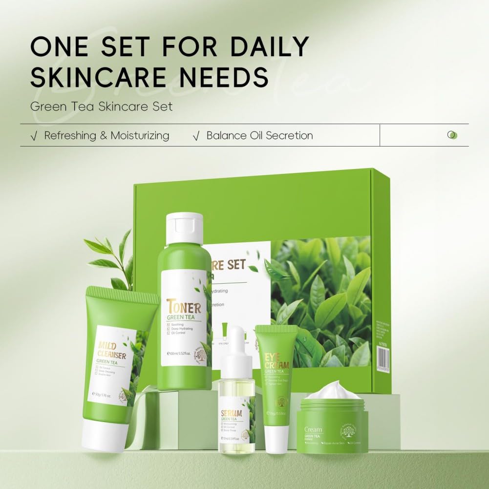 Skin Care Set, Green Tea Skin Care Sets & Kits, Skin Care for Teenage Girls Gift Set with Cleanser, Toner, Serum, Eye Cream, Facial Cream, Facial Skin Care Sets & Kits for Teenage Girls Women