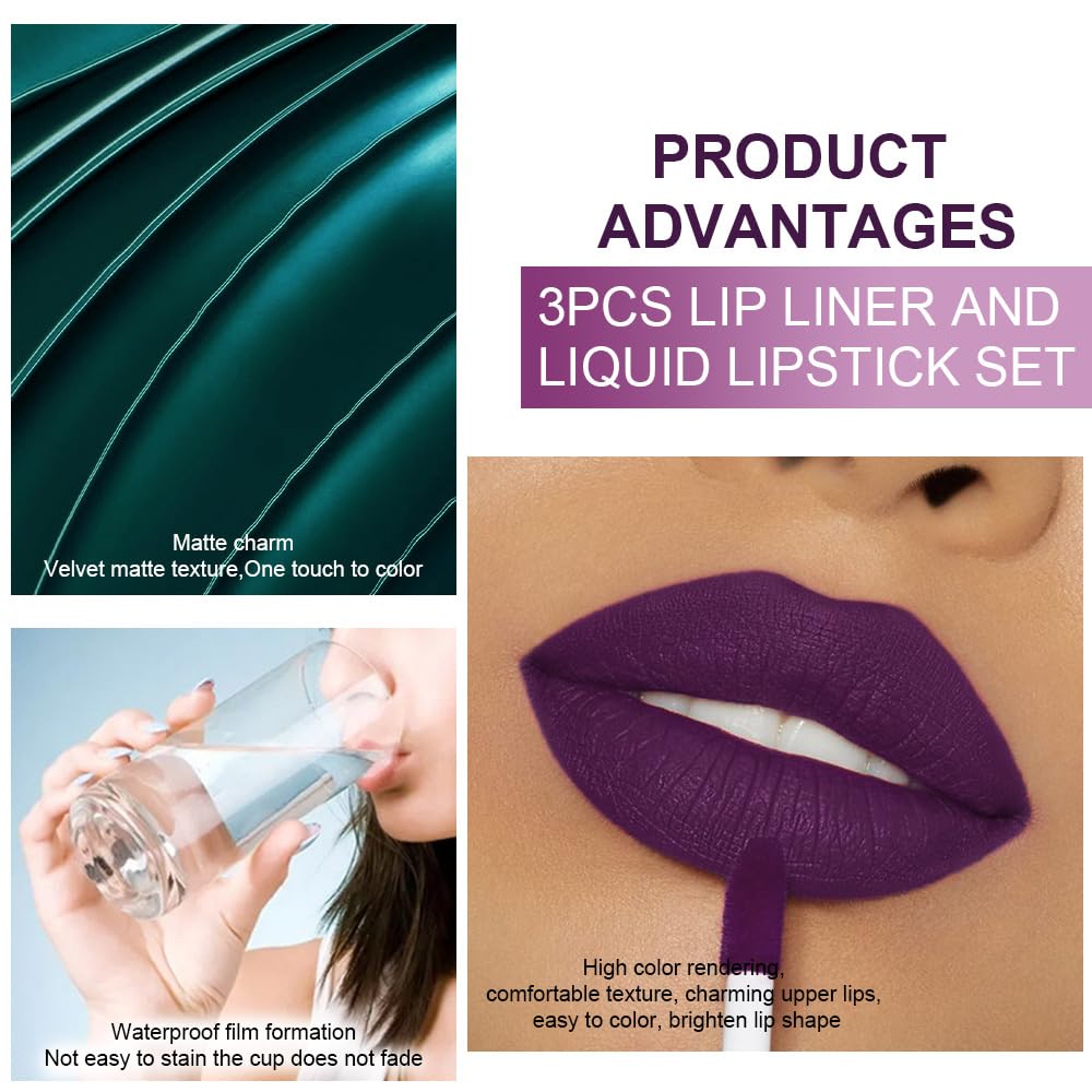 evpct 3Pcs Dark Black Green Purple Matte Lip Liner and Liquid Lipstick Lip Stain Sets for Women Long Lasting Waterproof, 24 Hours Goth Lipstick labiales matte mate larga duracion listip 24 hours, 19#