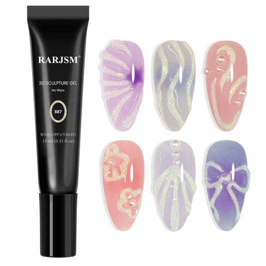 RARJSM 3D Nail Art Sculpture Gel Nail Polish Multi Color Pearlescent Yellow Green Glitter No Wipe DIY Drawing Hard Nail Craving Sculpting Gel UV LED Curing Requires Nail Decoration Manicure Design