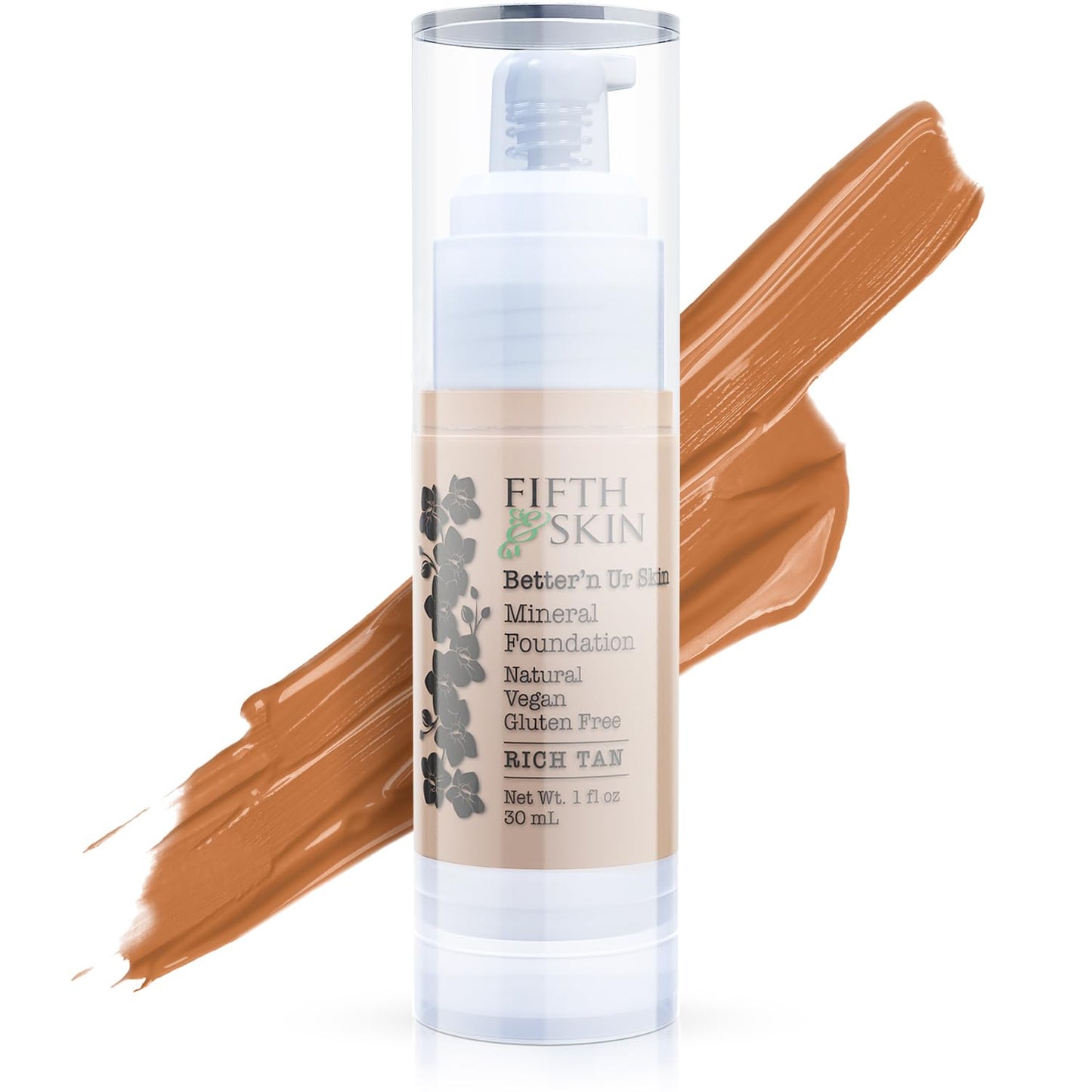 Fifth & Skin: Better’n Ur Skin Liquid Foundation (RICH TAN) - Natural, Organic, Vegan, Cruelty-Free - Gluten-Free Beauty with Buildable Coverage and Palm-Free Luxury - 1 oz