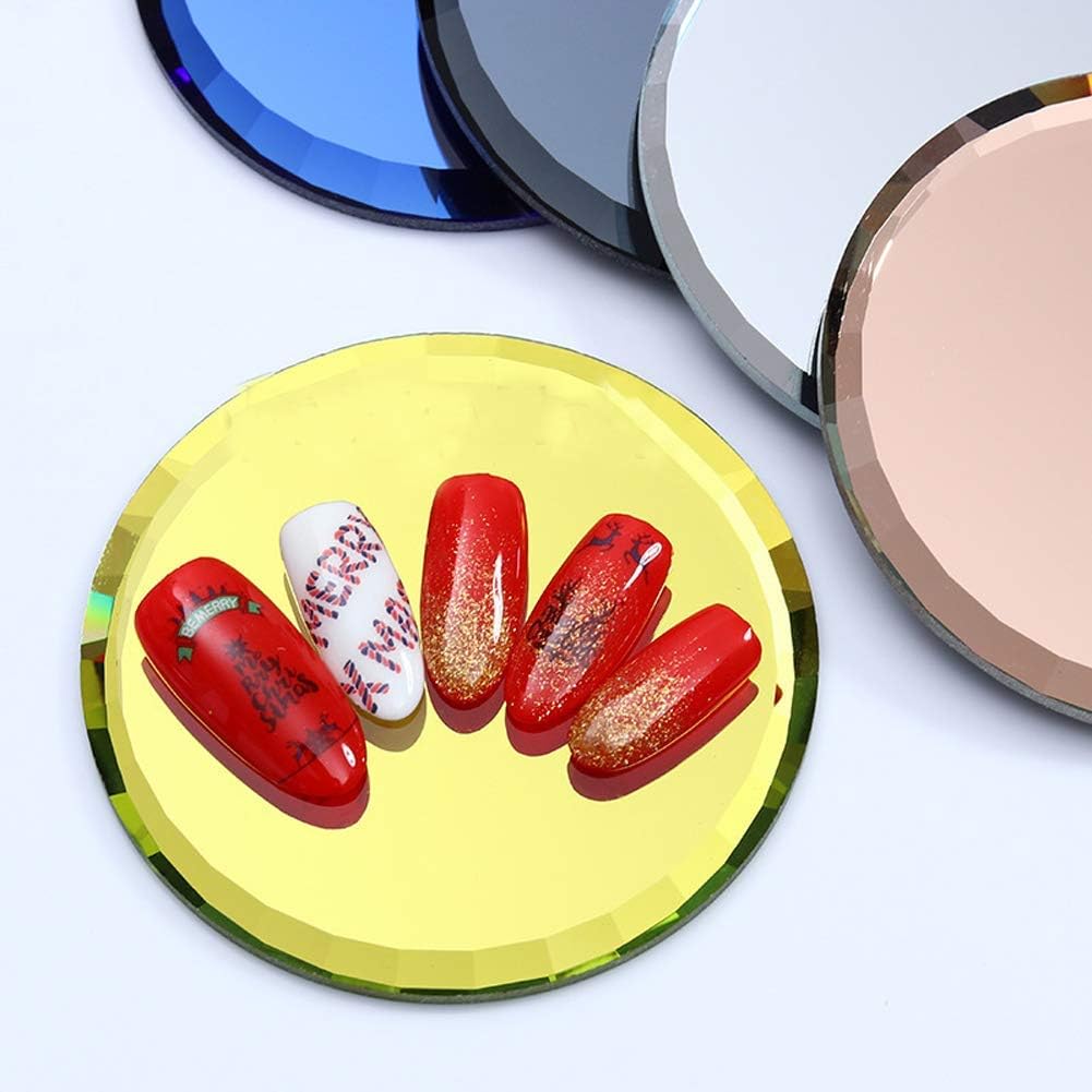5Pcs Mirror Empty Nail Art Palettes Plate Round Glass Manicure Palette Nail Art Display Tray Board Holder Gel Polish Drawing Color Mixing Palette for Women Beauty Tool, Assorted Color