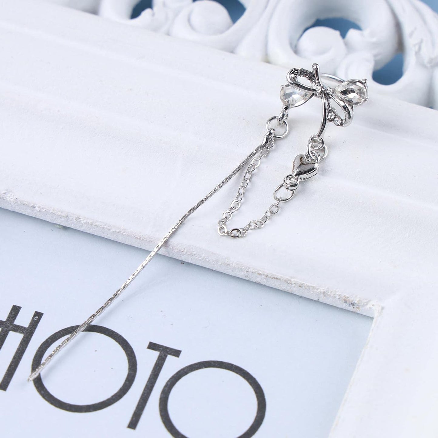 Vintage Crystal Bow Ear Cuff Earrings Rhinestone Bow Cuff Earrings Silver Long Chain Tassel Earrings Cz Chain Dangle Earrings Jewelry for Women