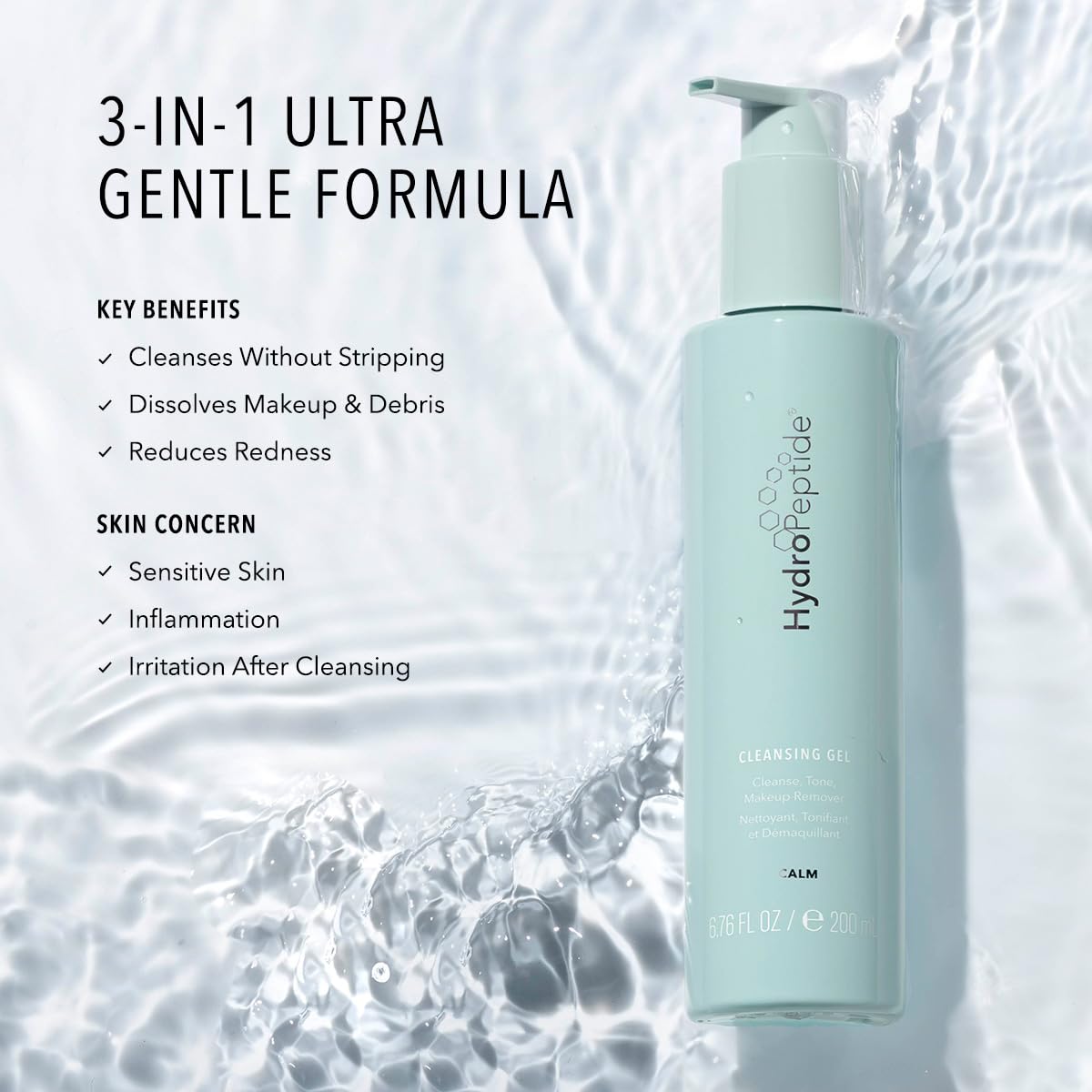 HydroPeptide Cleansing Gel, Toning Face Wash, Effectively Removes Makeup, Dirt, and Excess Oil without Irritation, 6.76 Ounce