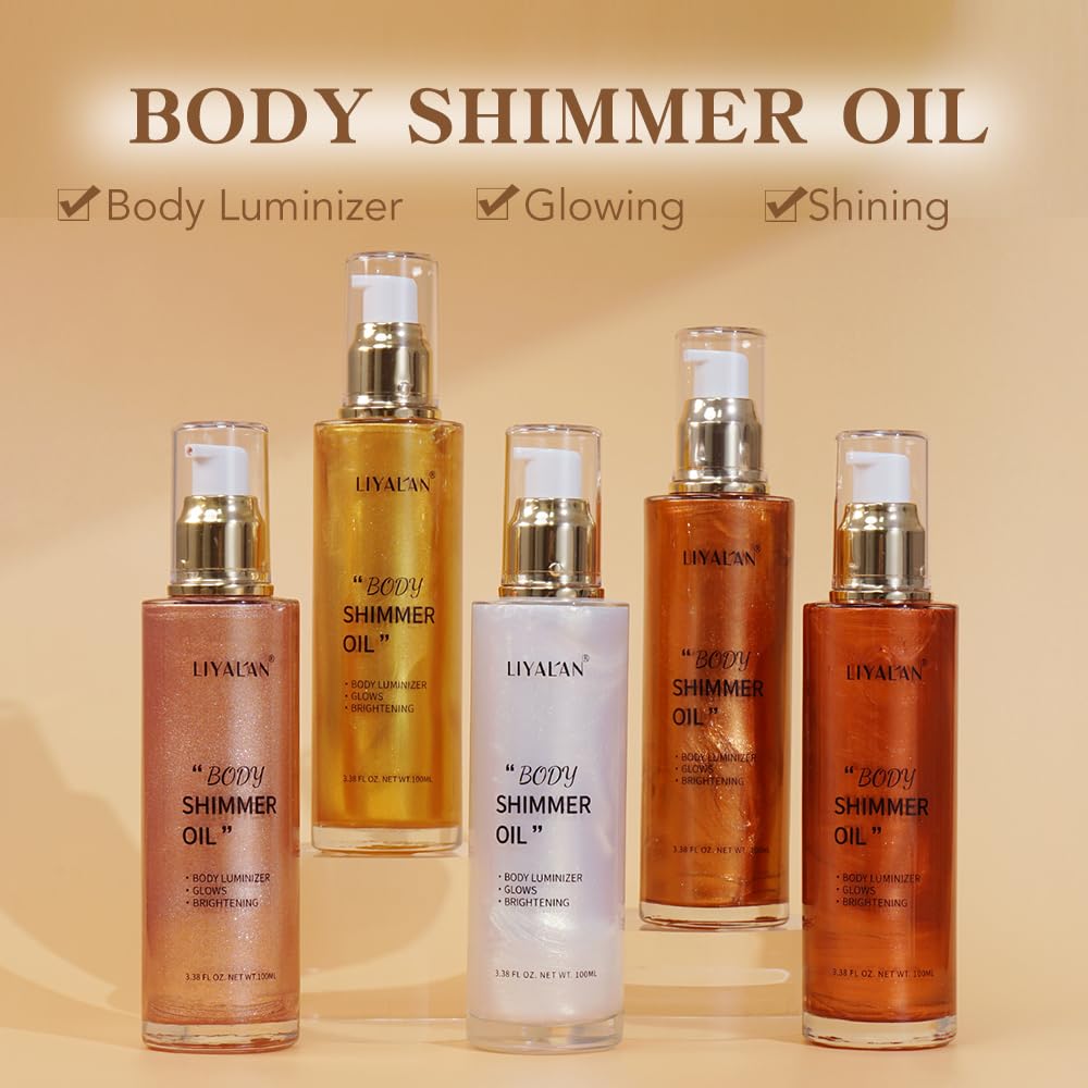 Liyalan Shimmer Body Oil Rose Gold 5 Color Bronze Face Glow Pearl Highlighter Illuminator body Makeup Shine Glitter Gold Liquid Taning(3.38 Fl Oz/05)