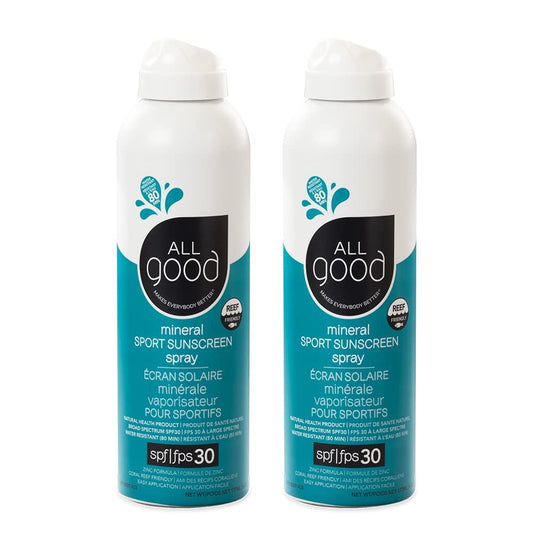 All Good Sport Sunscreen Spray - UVA/UVB Broad Spectrum SPF 30 - Water Resistant, Coral Reef Friendly - Zinc, Calendula, Aloe (6 oz)(2-Pack)
