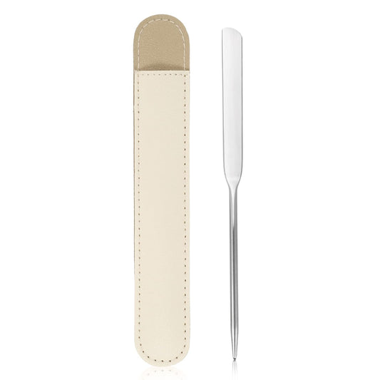 VOCOSTE 1 Set Stainless Steel Makeup Spatula, Liquid Foundation Spatula Tool with Faux Leather Case, Lipstick Nail Polish Mixing Palette Spatula, Beige