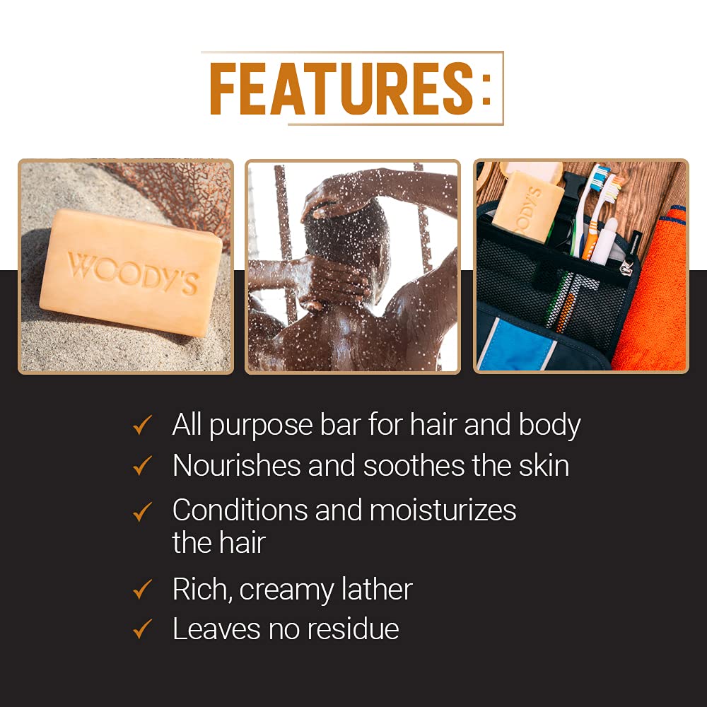 Woody's Men's 2-in-1 Hair & Body Shampoo Bar, Rich, Thick Lather Formula, Conditions, Nourishes, Moisturizes, For All Skin Types, 8 Oz.